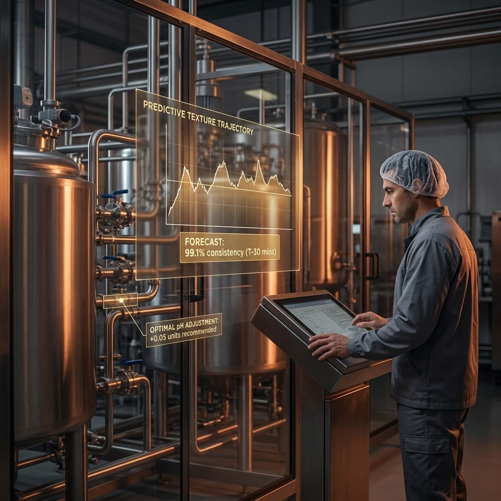 Process engineer reviewing machine learning predictive quality forecasts on a control panel display in a food manufacturing facility with copper processing tanks
