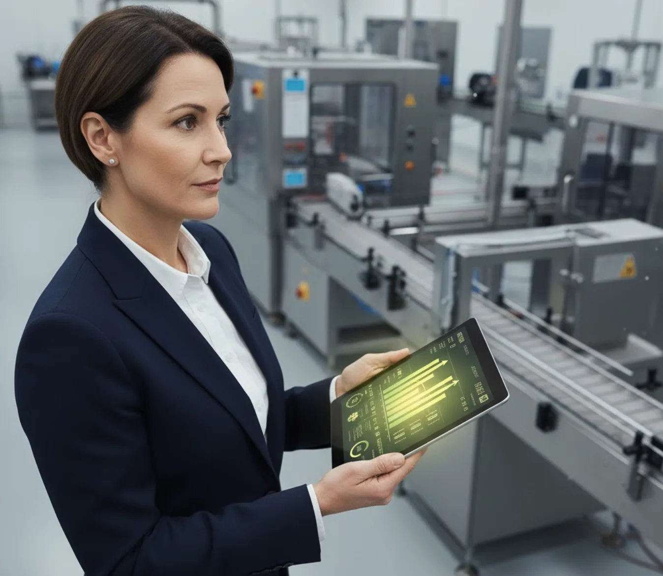 Operations manager reviewing service agreement metrics on tablet in modern food processing facility with production line equipment