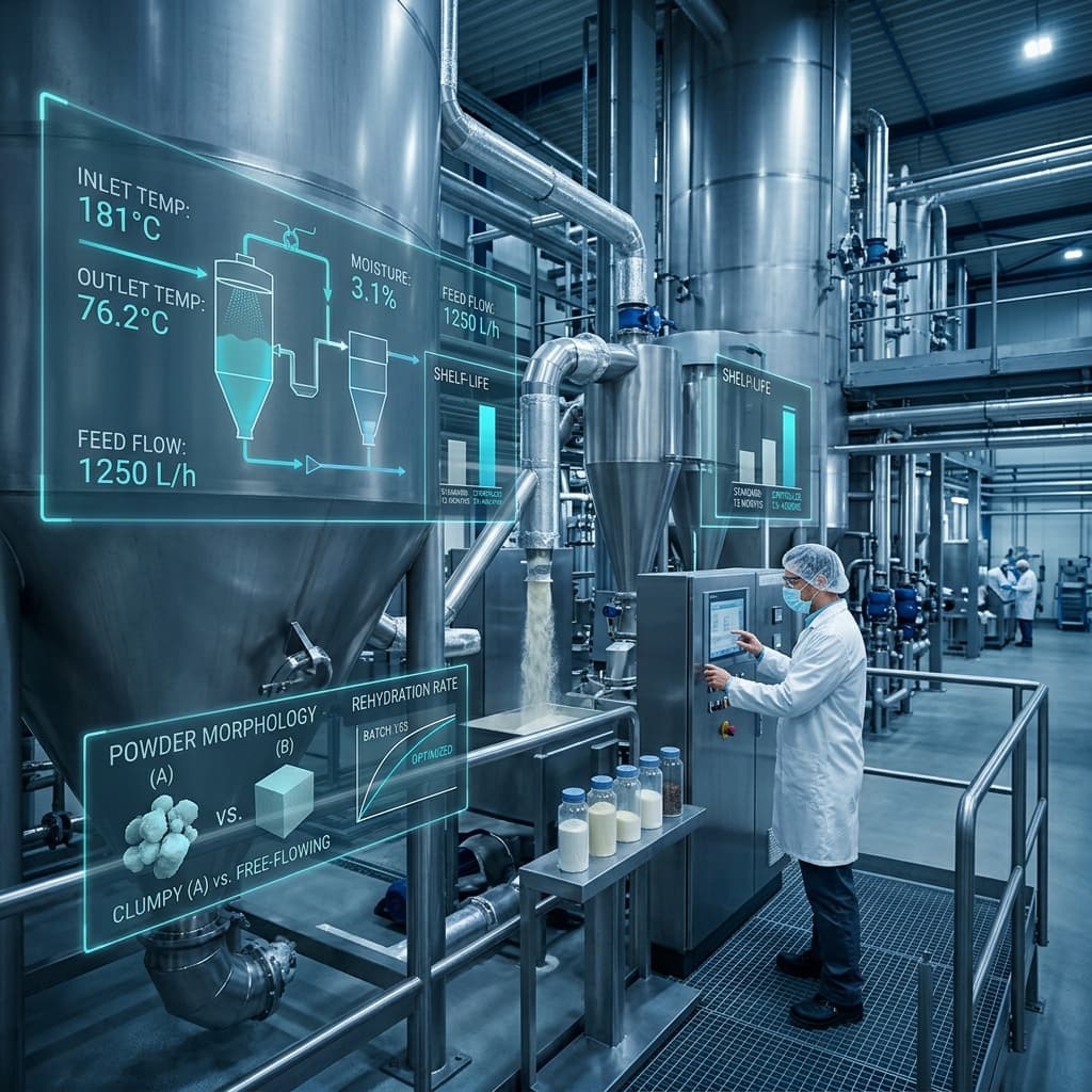 Dairy processing facility with industrial spray drying tower showing inlet and outlet temperature monitoring and powder morphology quality control displays