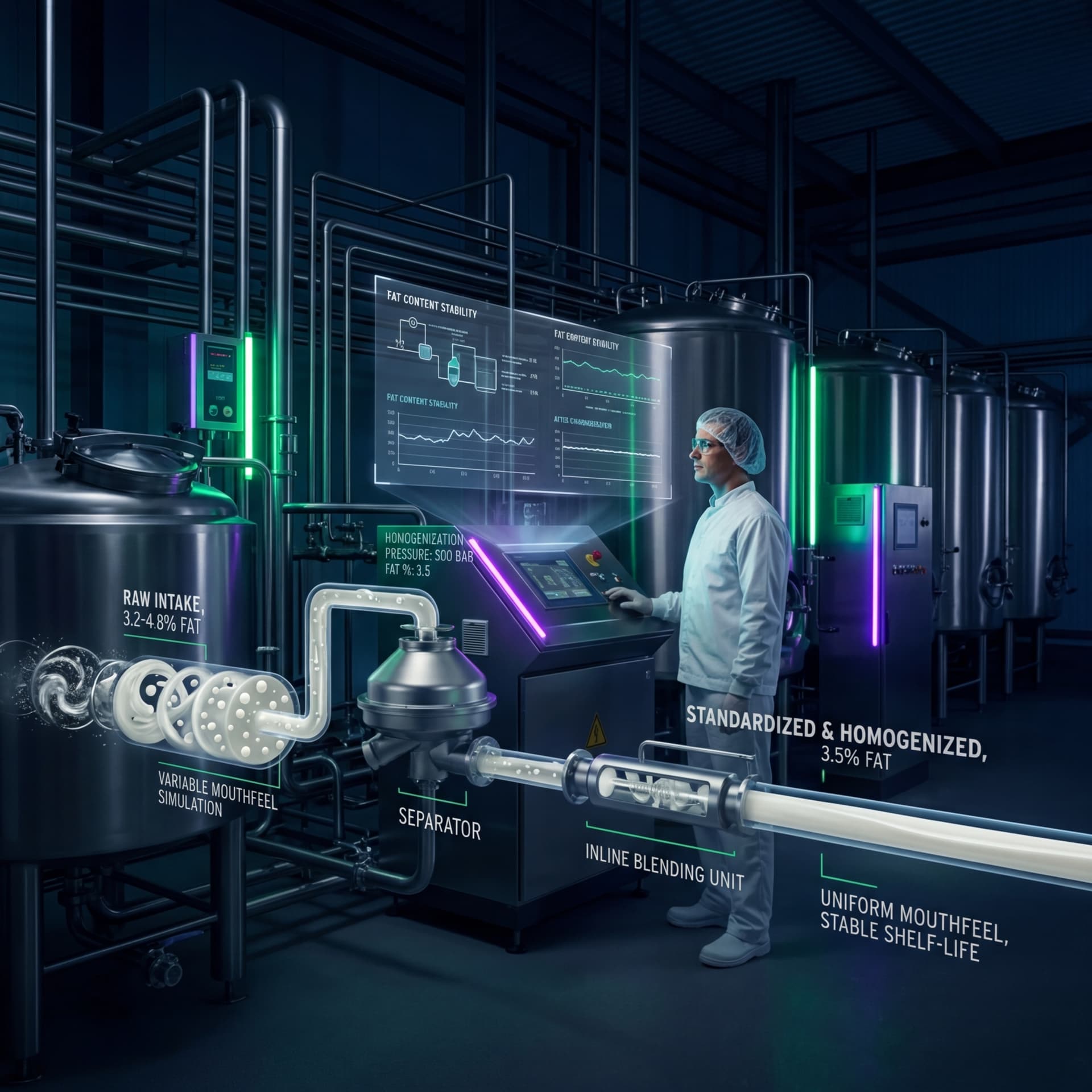 Dairy processing technician operating milk standardization and homogenization equipment with digital fat content monitoring displays in a modern facility