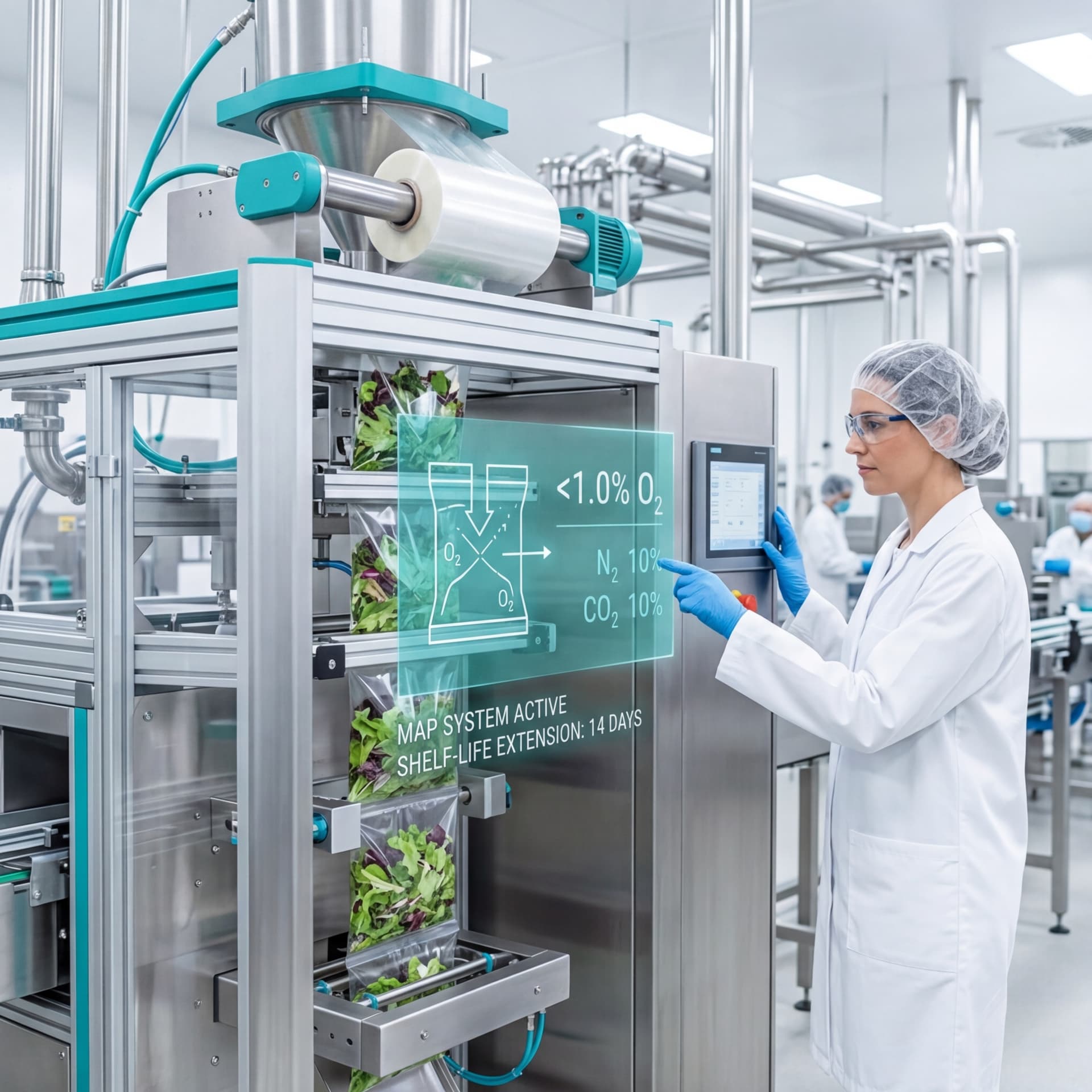 Food scientist operating a MAP gas flushing system with fresh salad packages on a production line and digital display showing oxygen, nitrogen, and CO2 levels