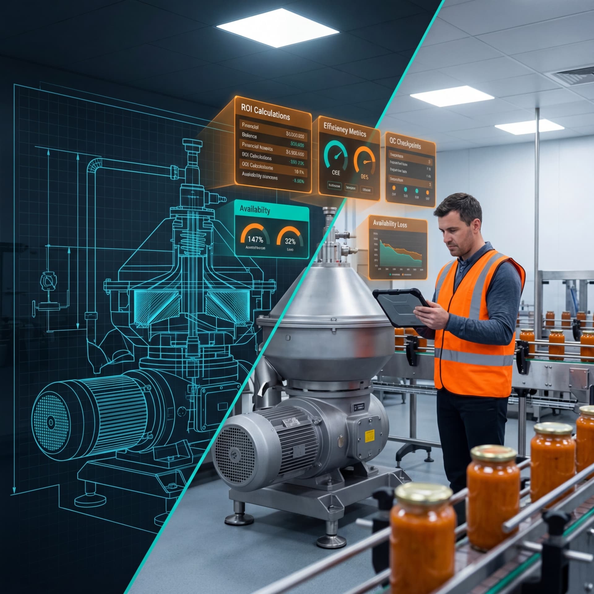 Split view of equipment blueprint analysis and engineer monitoring OEE metrics on a bottling production line