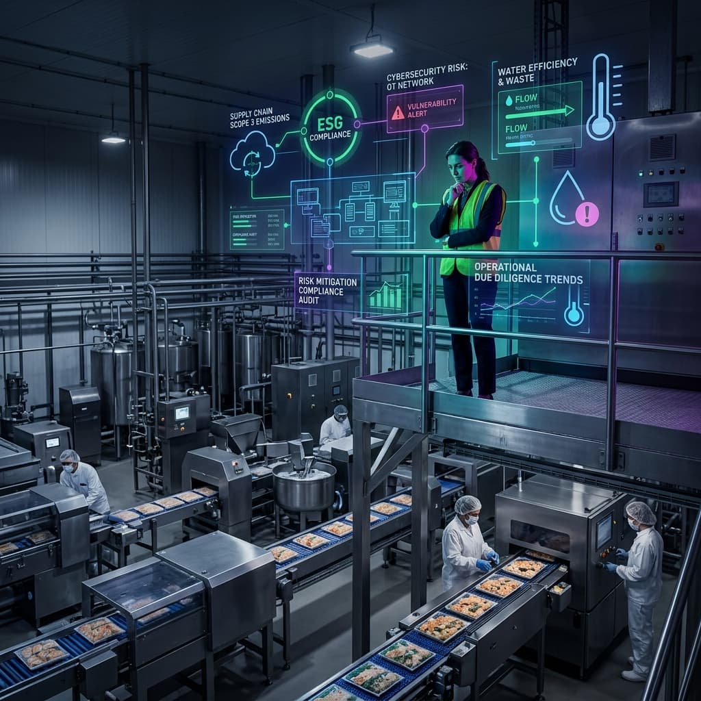 Manager reviewing operational due diligence trend displays including ESG and water efficiency metrics in a food manufacturing facility