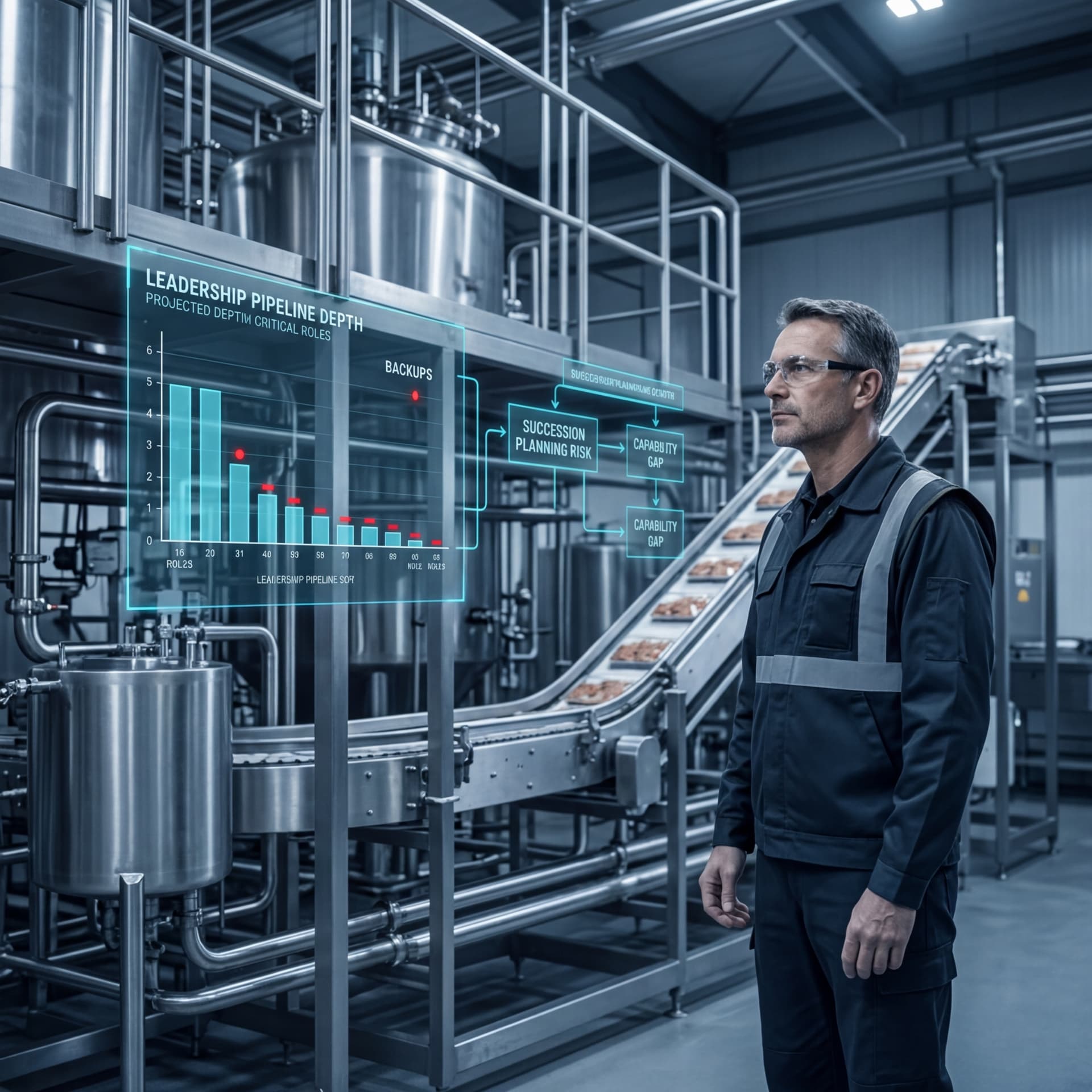 Plant manager viewing leadership pipeline depth and succession planning dashboard in food facility