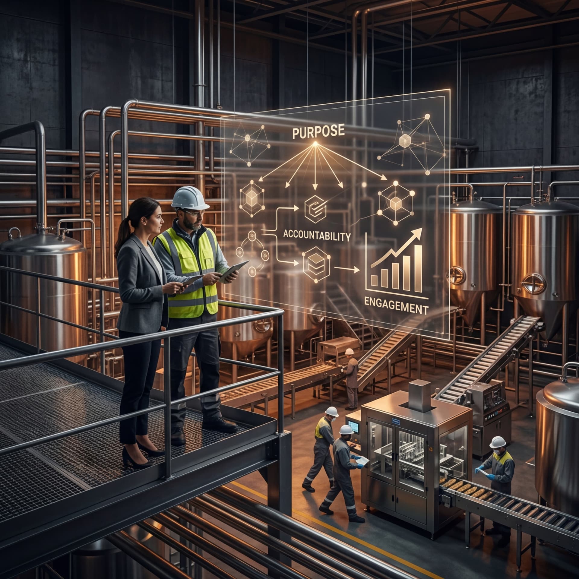 Two leaders reviewing purpose and accountability metrics on tablet in food manufacturing facility