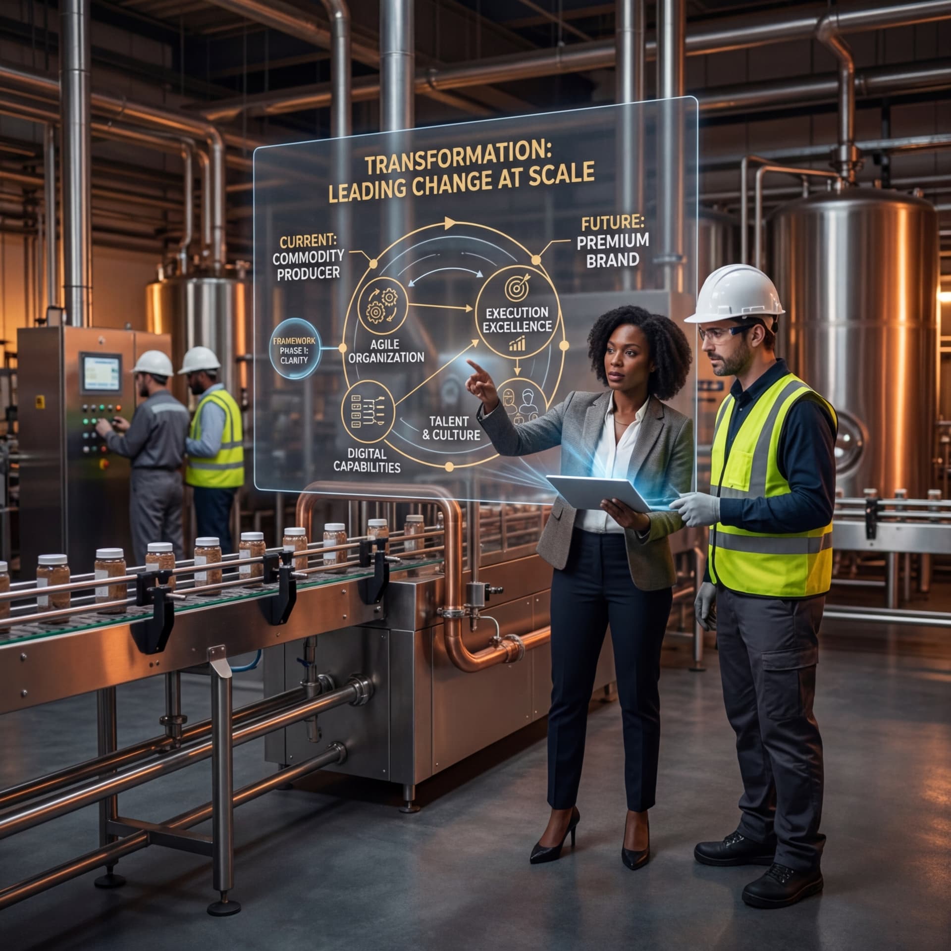 Business leader and plant supervisor reviewing a holographic transformation roadmap showing the journey from commodity producer to premium brand in a bottling facility