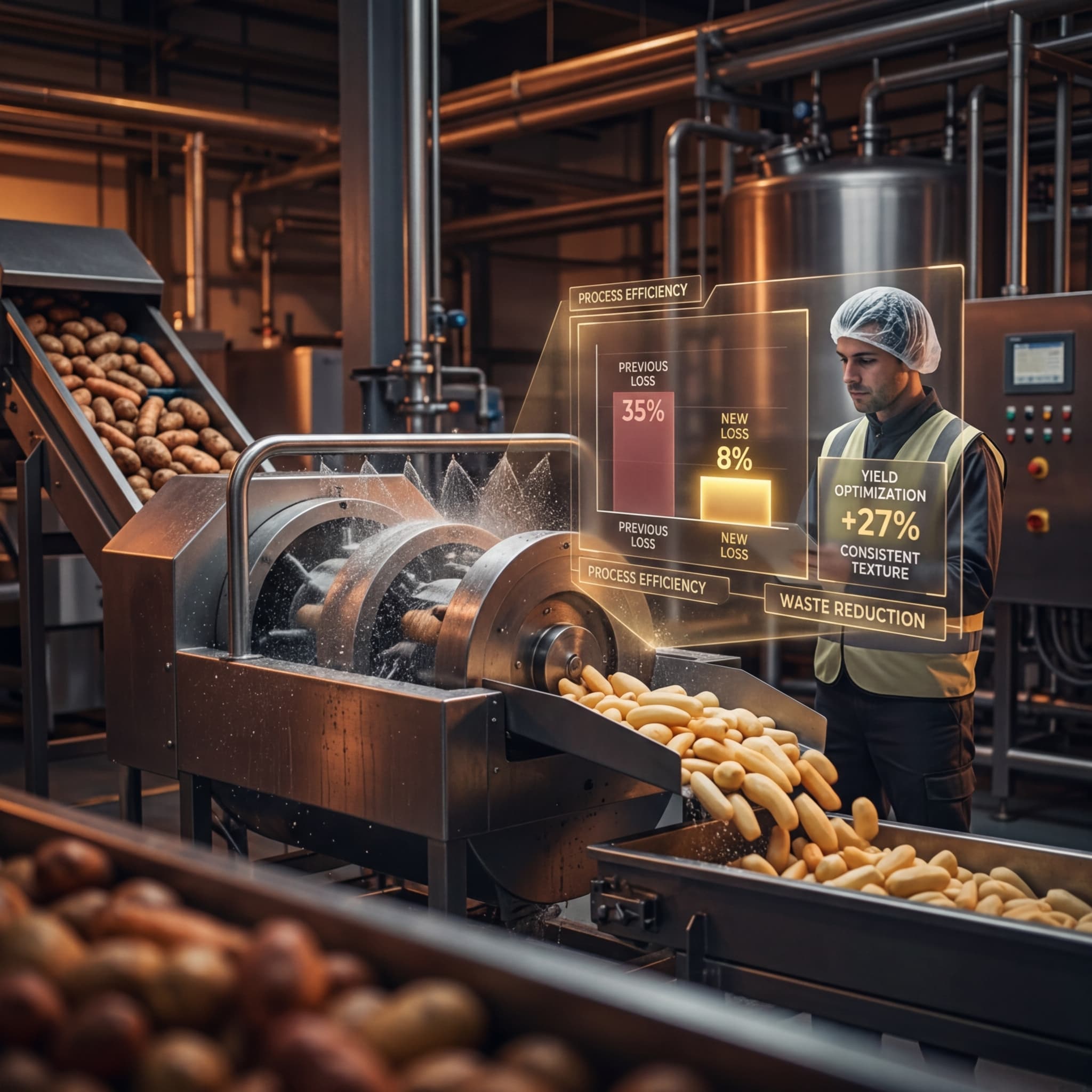 Industrial abrasive peeling machine processing potatoes on a conveyor line with holographic displays showing yield optimization and waste reduction metrics
