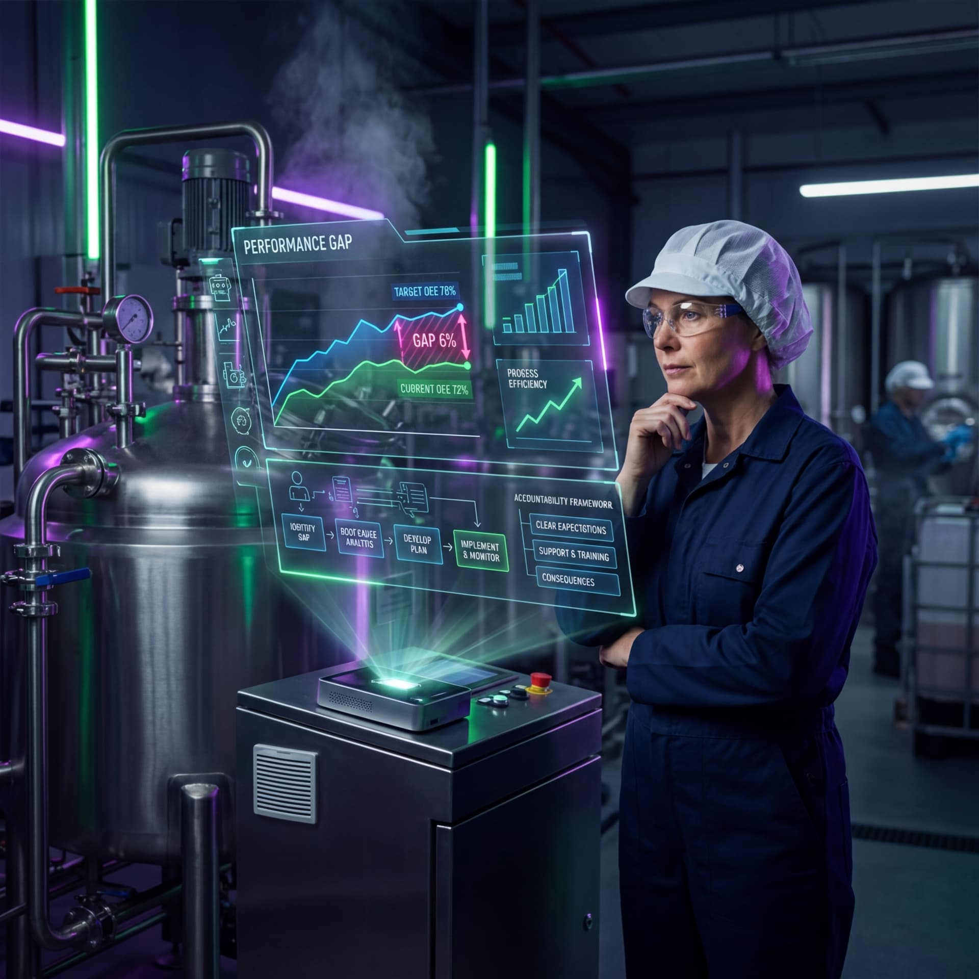 Plant manager reviewing performance gap dashboard showing OEE targets and accountability framework