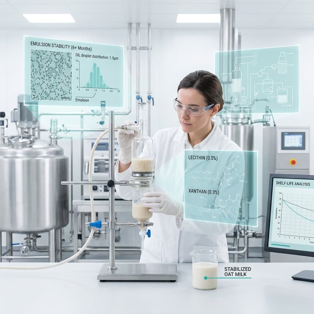 Food scientist in a lab coat testing plant-based milk emulsion stability with digital overlays showing oil droplet distribution, lecithin molecular structure, and shelf-life analysis curves