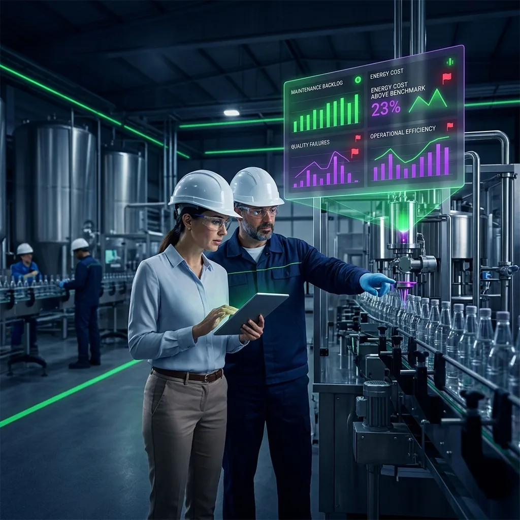 Two professionals in hard hats reviewing operational performance data on a tablet inside a modern food and beverage manufacturing facility
