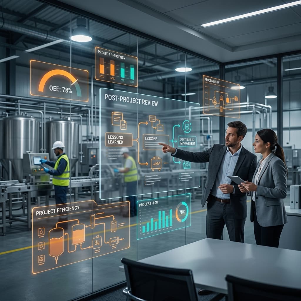 Two professionals reviewing post-project analytics and performance dashboards overlooking a food manufacturing floor