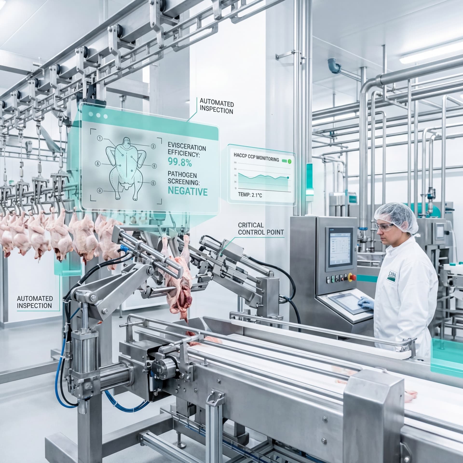 Automated poultry processing line with HACCP critical control point monitoring showing evisceration efficiency and pathogen screening results