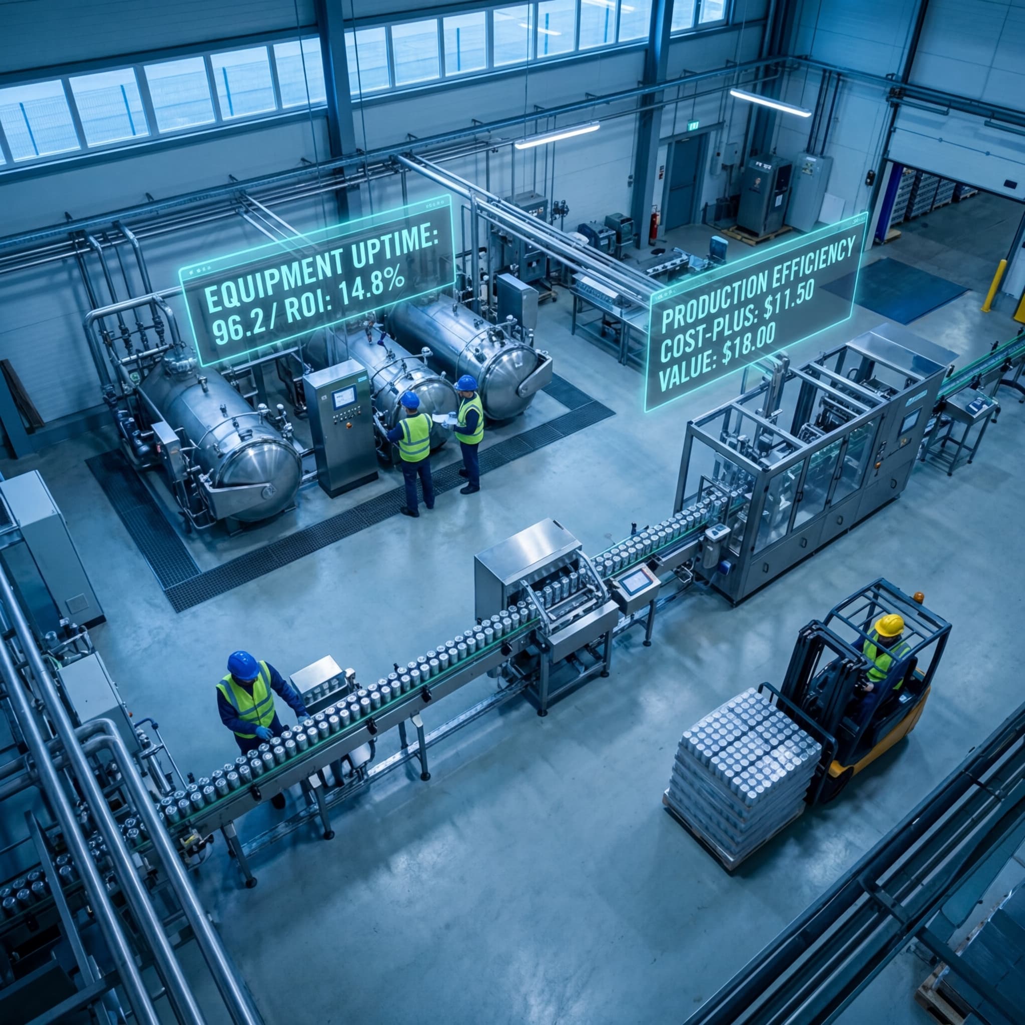 Overhead view of a beverage production facility with digital pricing and production efficiency overlays