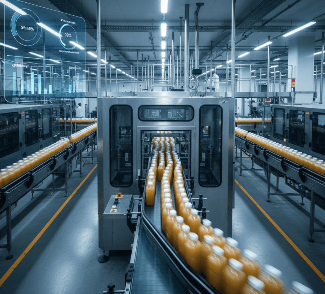 Modern beverage bottling production line with efficiency metrics dashboard showing high utilization rates