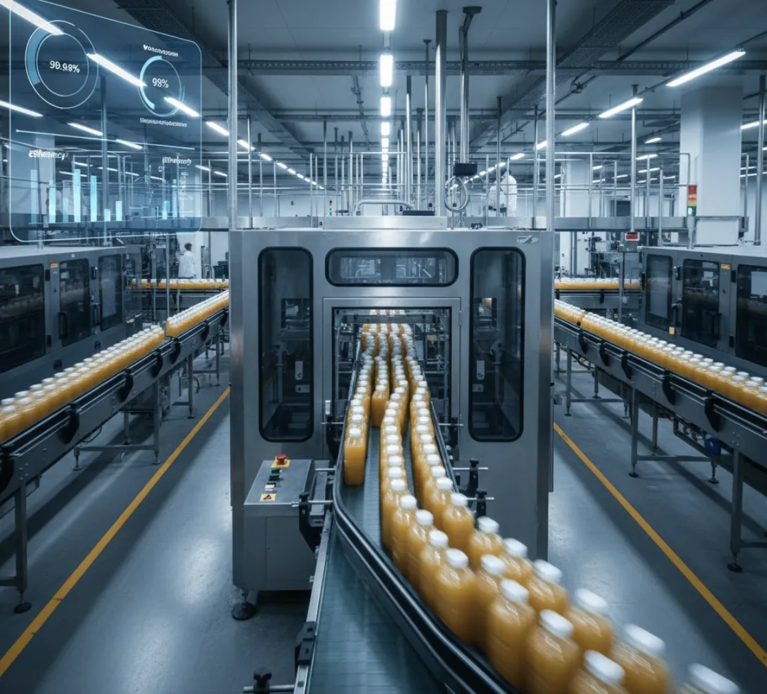 Modern beverage bottling production line with efficiency metrics dashboard showing high utilization rates