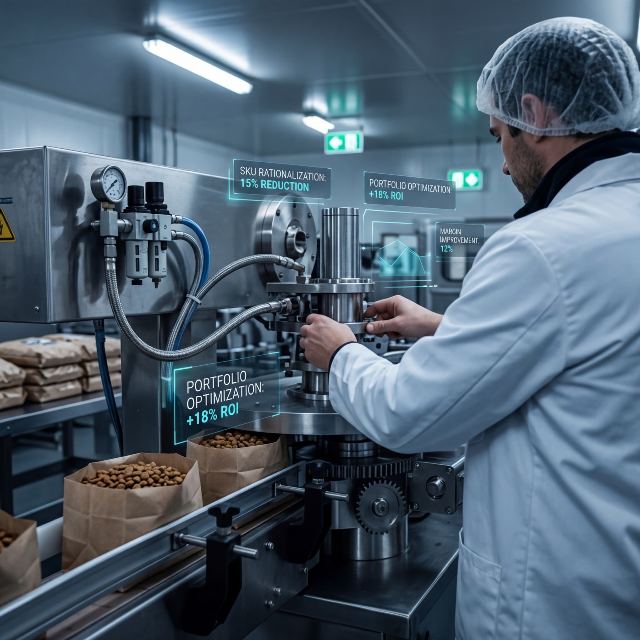 Operator adjusting processing equipment with digital SKU rationalization and portfolio optimization metrics