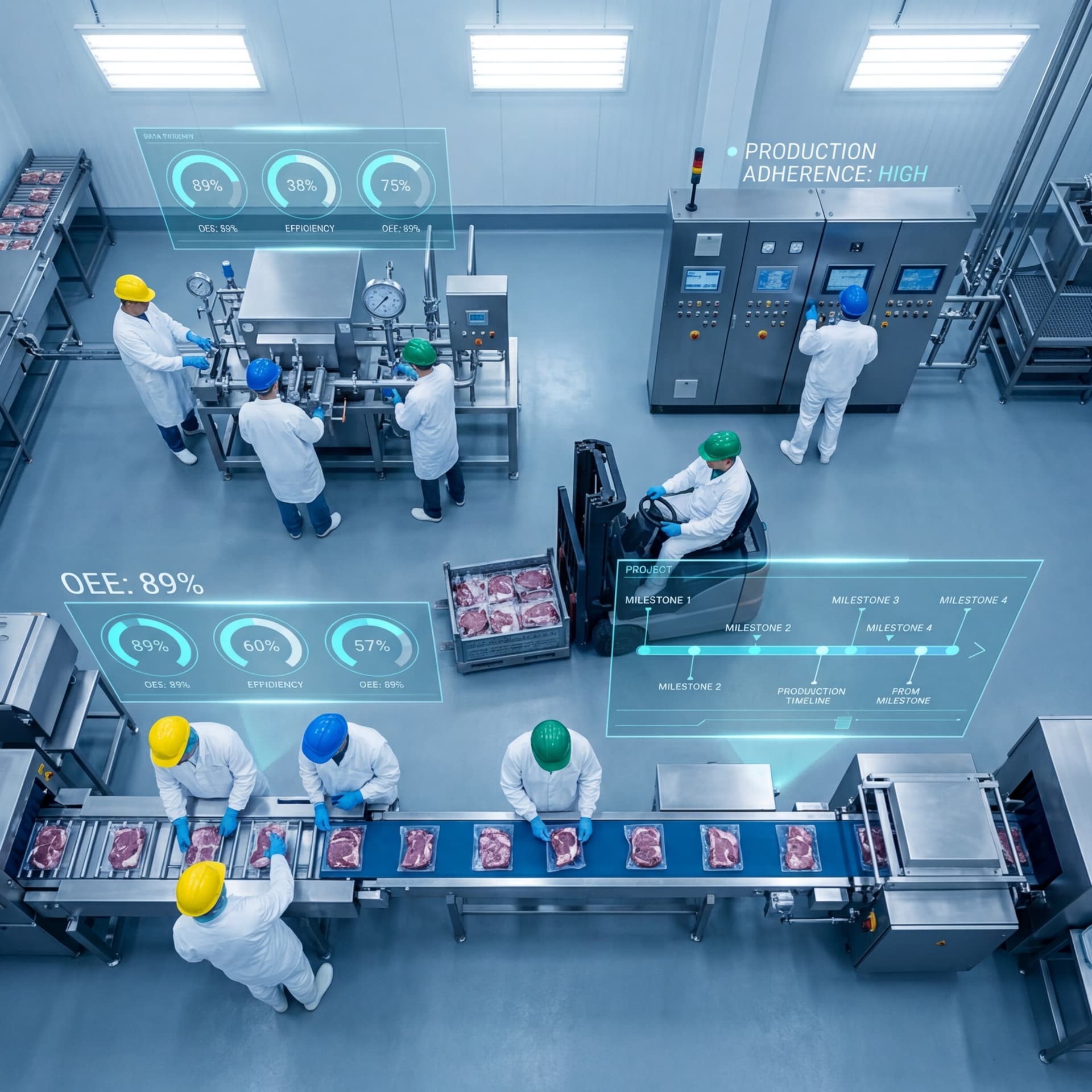 Overhead view of food production workers on a meat processing line with digital scheduling and OEE overlays