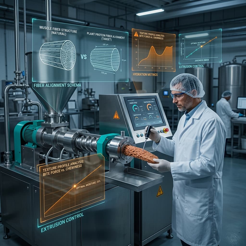 Food scientist operating a high-pressure protein extruder with digital overlays comparing muscle fiber structure to extruded plant protein fiber alignment