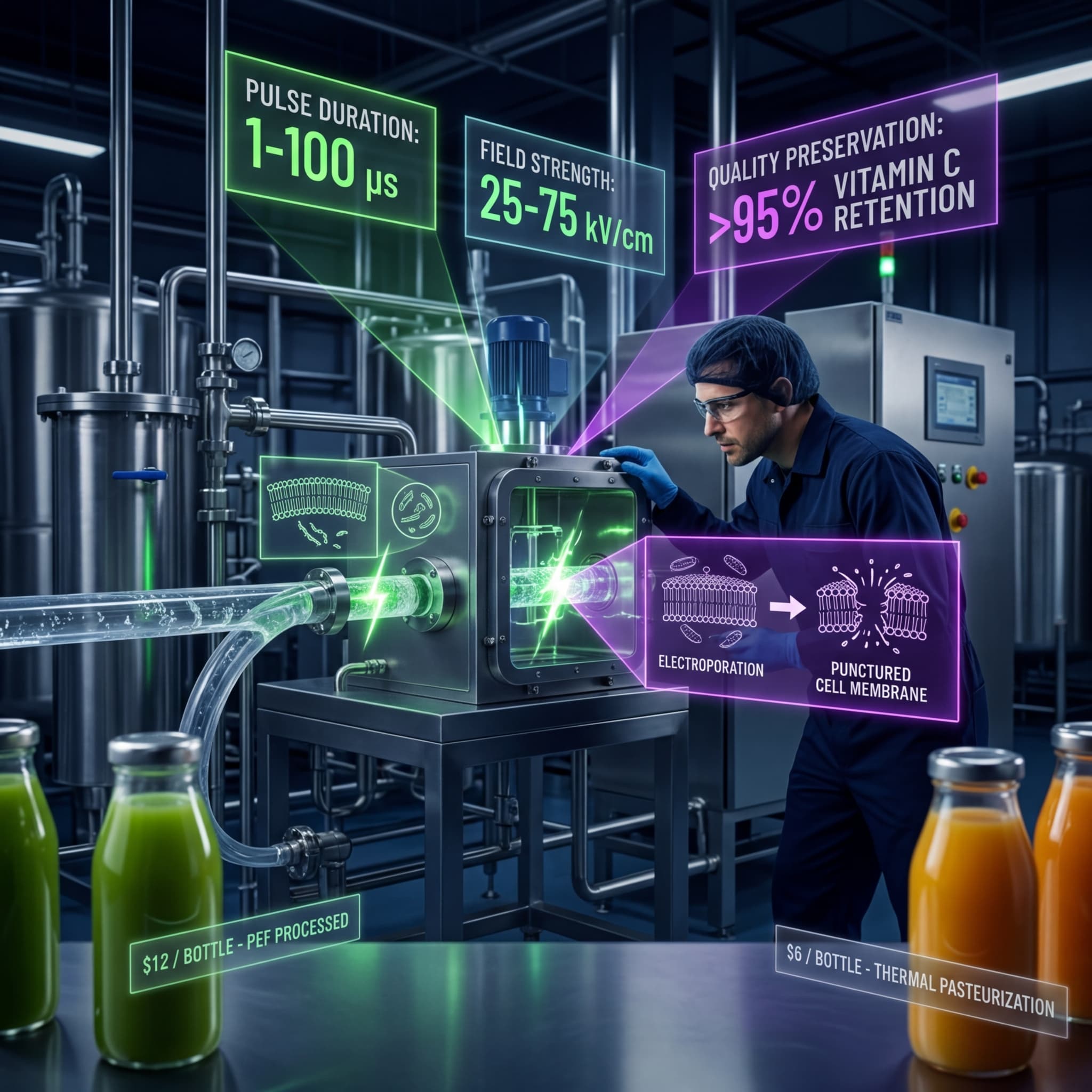Technician inspecting a pulsed electric field processing chamber with green electrical pulses visible and digital overlays showing pulse duration, field strength, and vitamin C retention data alongside juice bottles