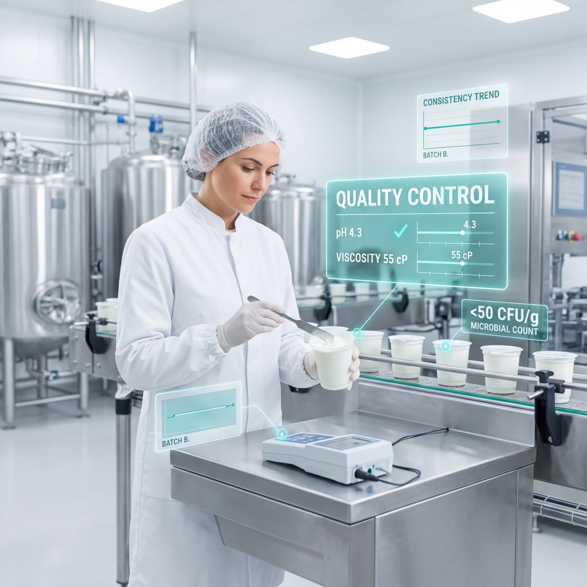 Food scientist testing yogurt samples with digital quality control dashboard in dairy processing facility