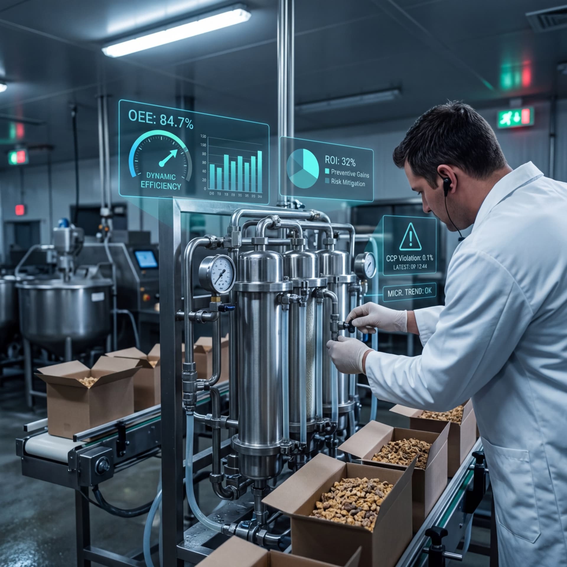Quality technician inspecting filtration equipment with digital OEE and CCP monitoring displays in a food facility