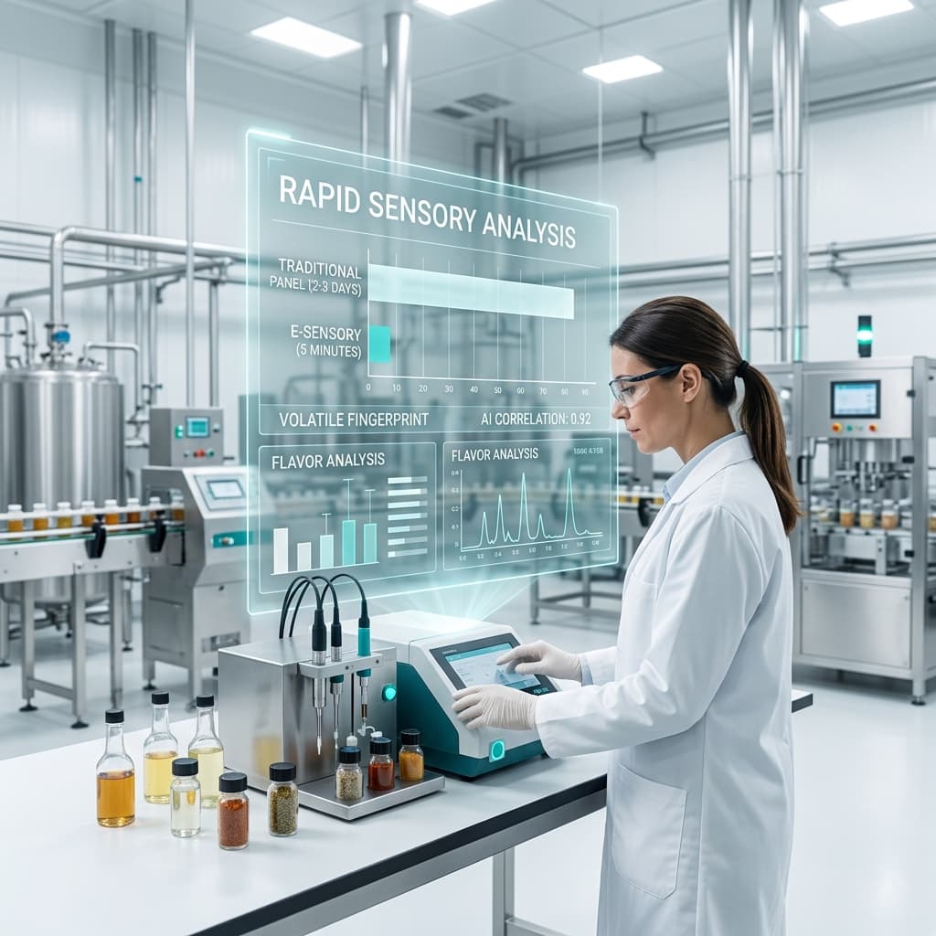 Lab scientist operating an electronic sensory analysis instrument with multiple sensor probes alongside beverage samples while reviewing rapid sensory analysis data on a digital display