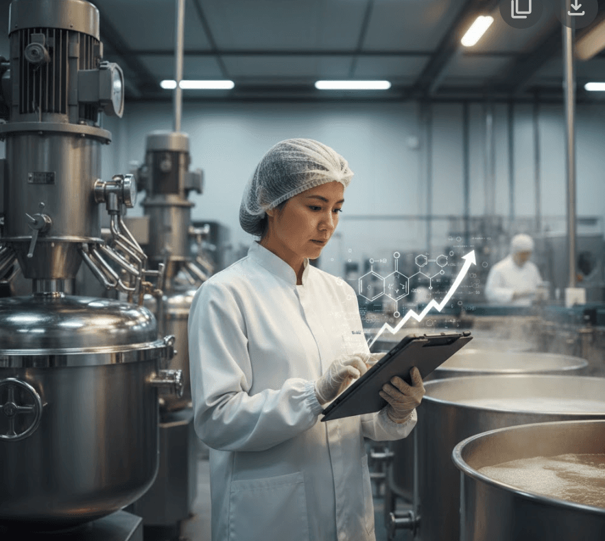 Food scientist in processing facility reviewing data on tablet with upward trending graph overlay indicating R&D activity documentation