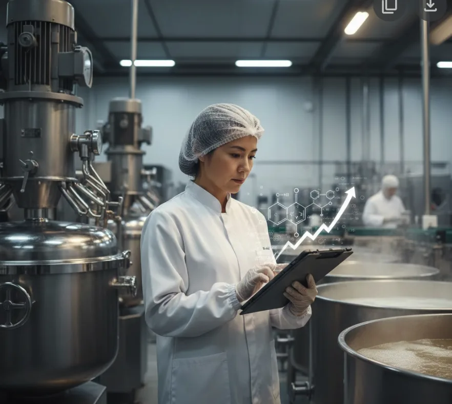 Food scientist in processing facility reviewing data on tablet with upward trending graph overlay indicating R&D activity documentation