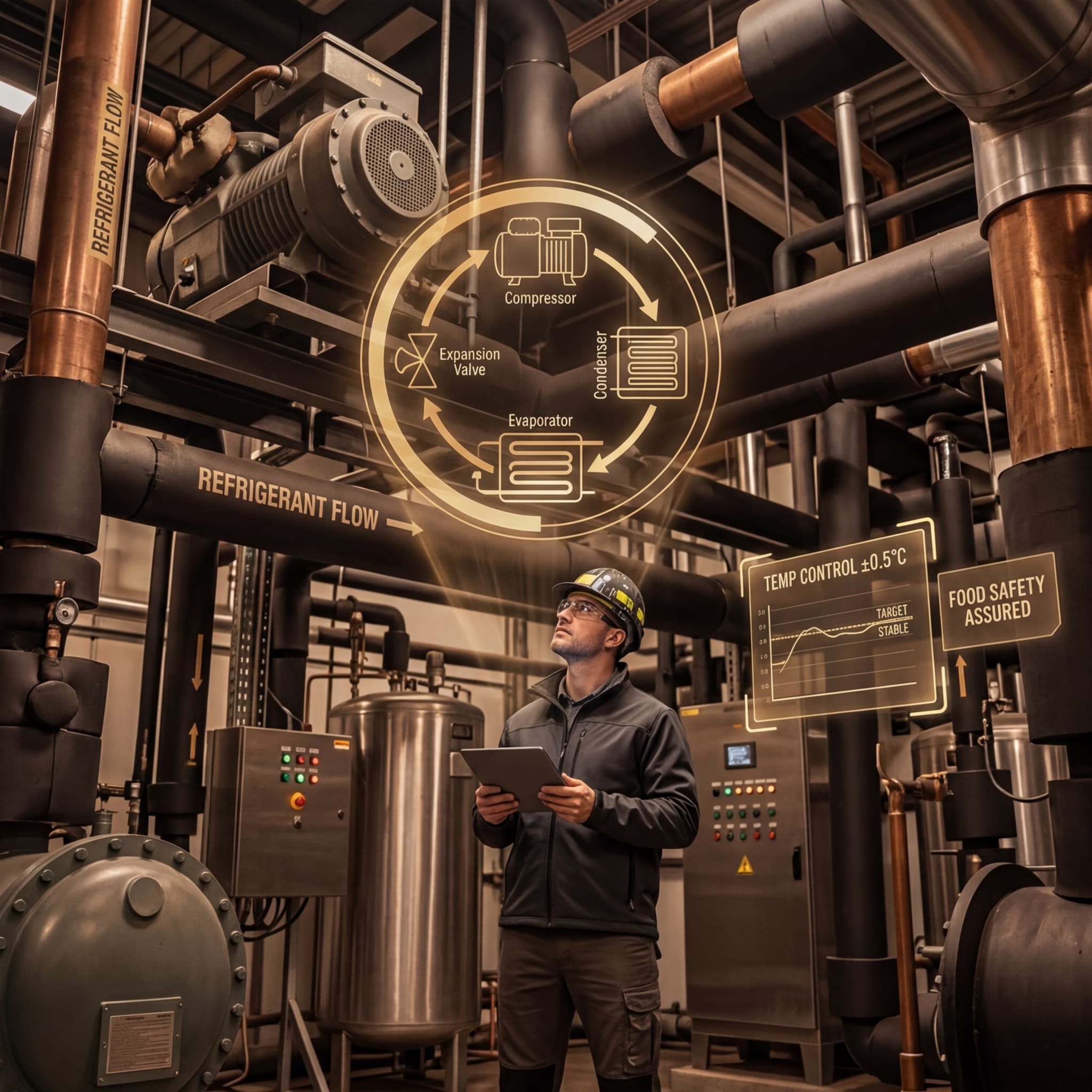 Facilities engineer reviewing a tablet among industrial refrigeration compressors and copper piping with holographic displays showing the refrigeration cycle diagram and temperature control tolerances