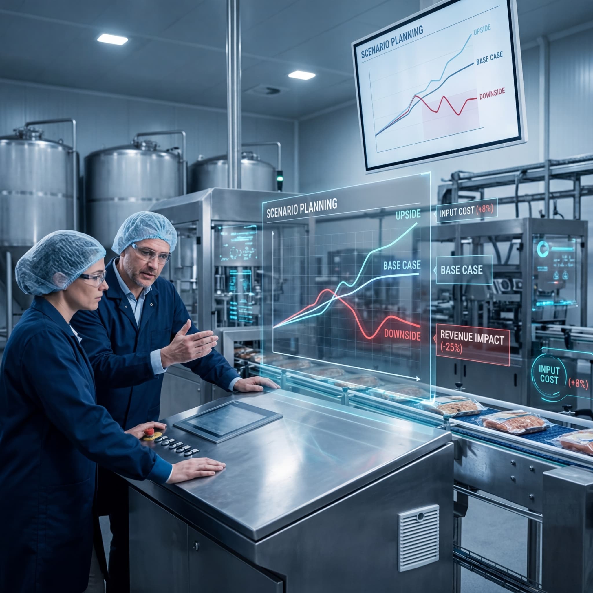 Two food plant managers reviewing scenario planning charts with upside, base case, and downside projections