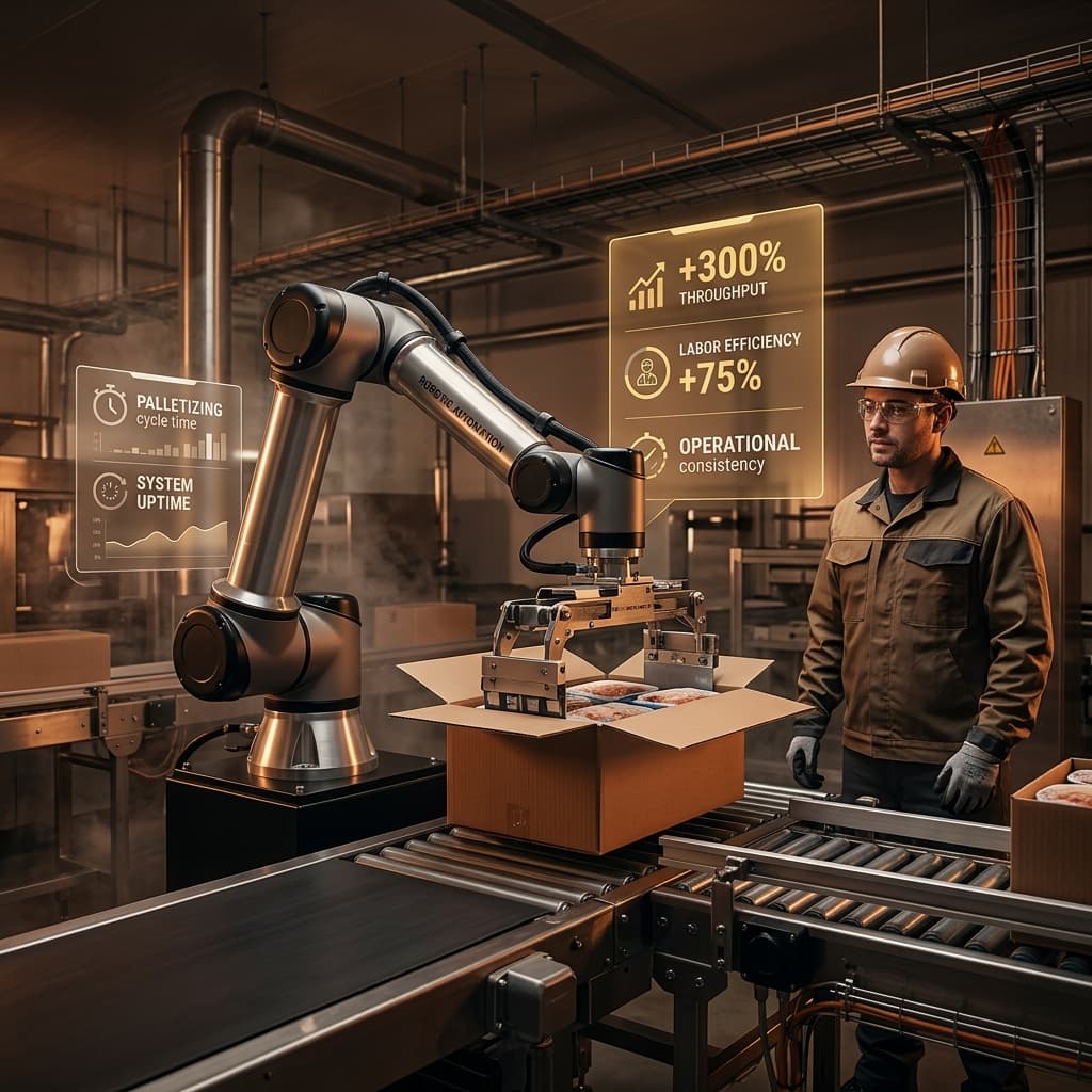 Collaborative robot arm palletizing boxes on a food production conveyor line with holographic efficiency metrics showing 300% throughput and 75% labor savings