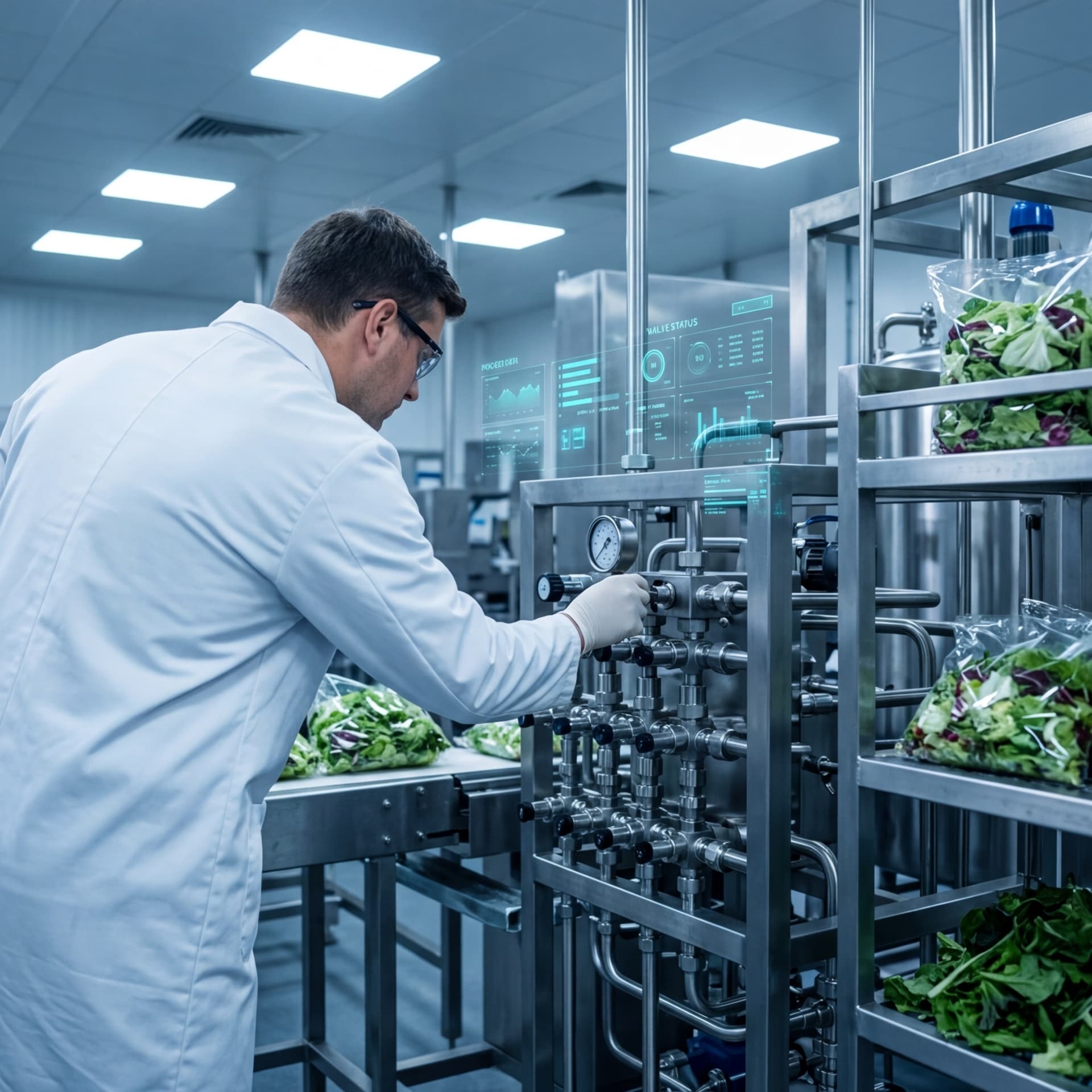 Technician inspecting fresh produce processing equipment with digital analytics displays in a clean room facility