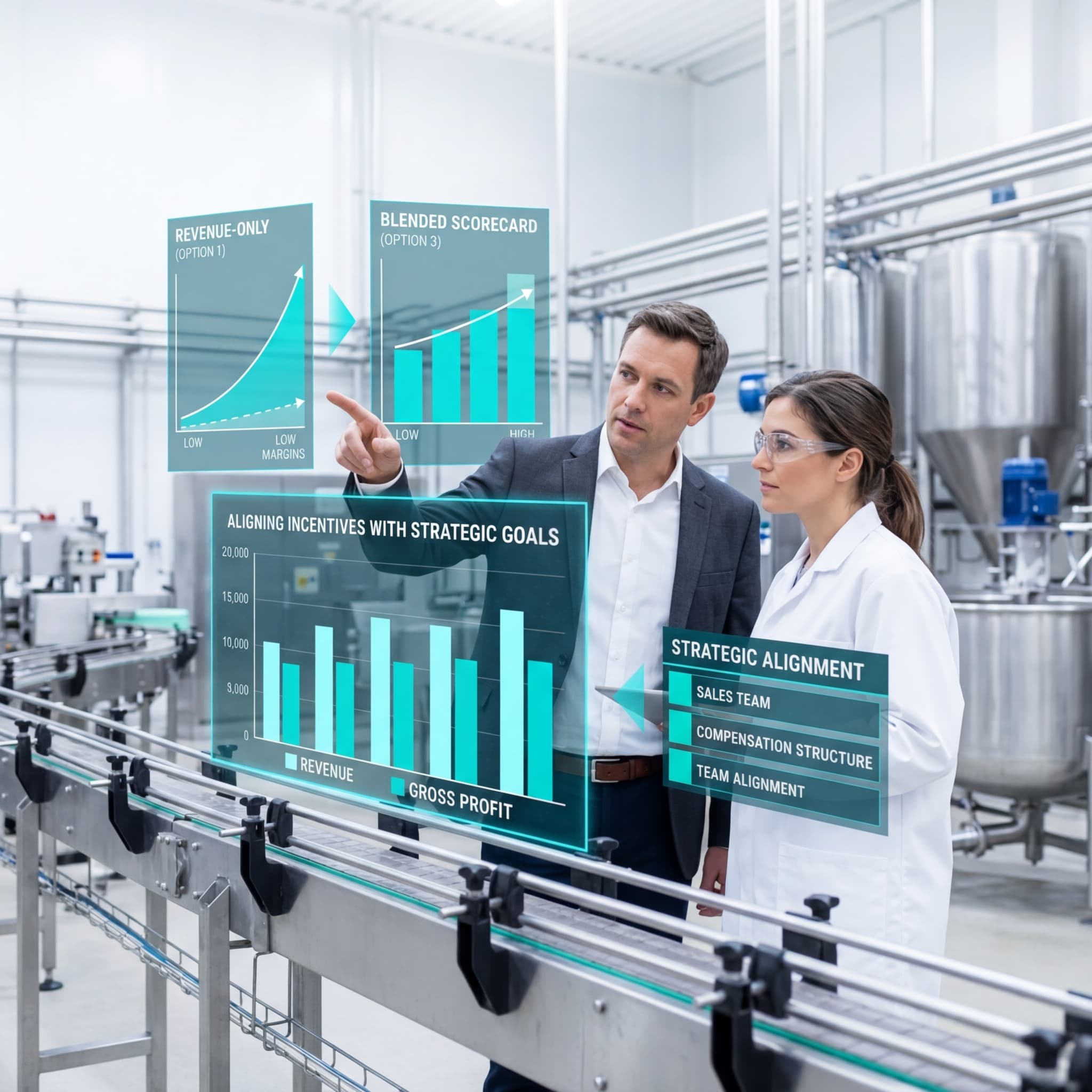 Sales director and operations manager reviewing compensation scorecard and strategic alignment displays in a food facility