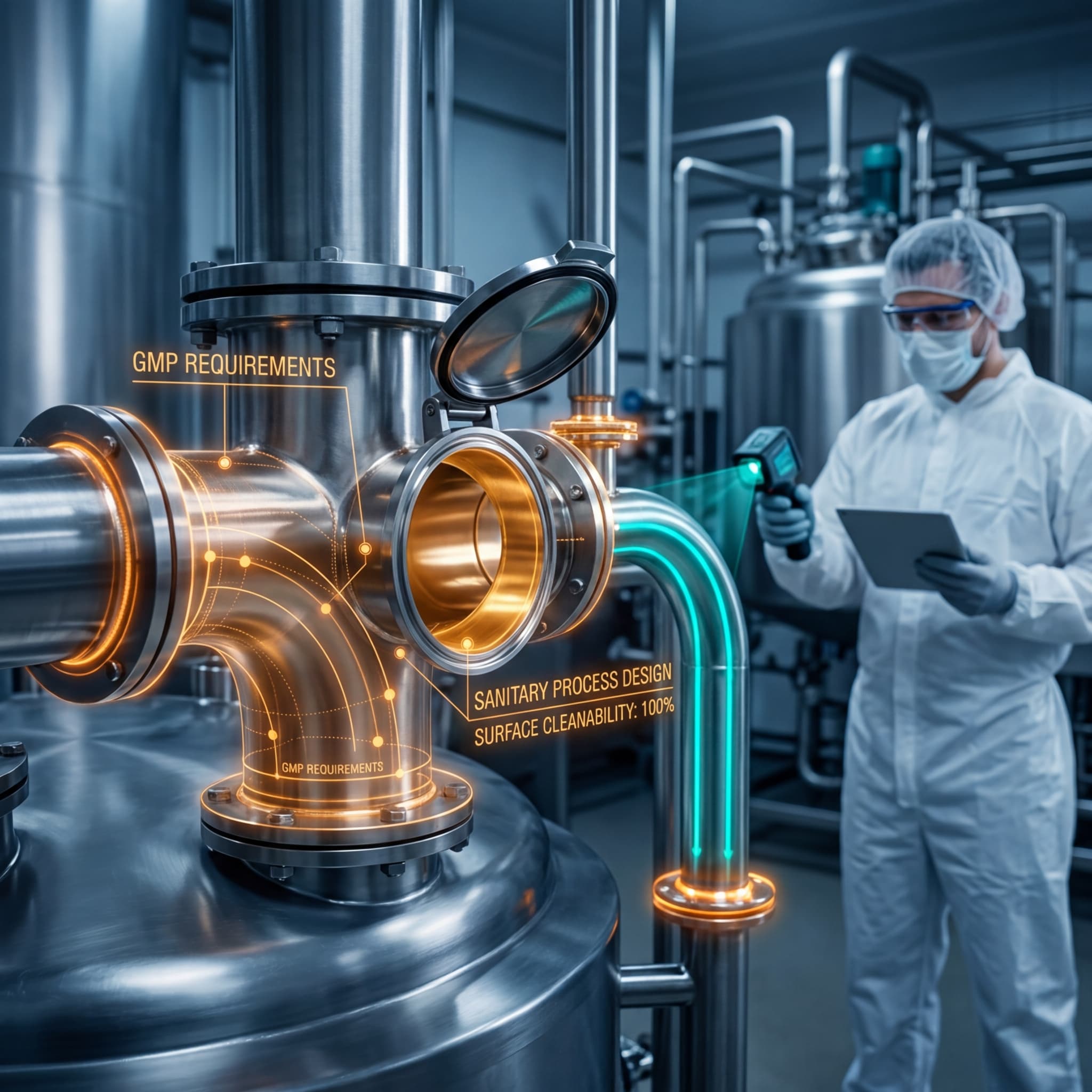Close-up of polished stainless steel sanitary piping connections in a food processing facility with a quality inspector examining surface cleanability using diagnostic tools