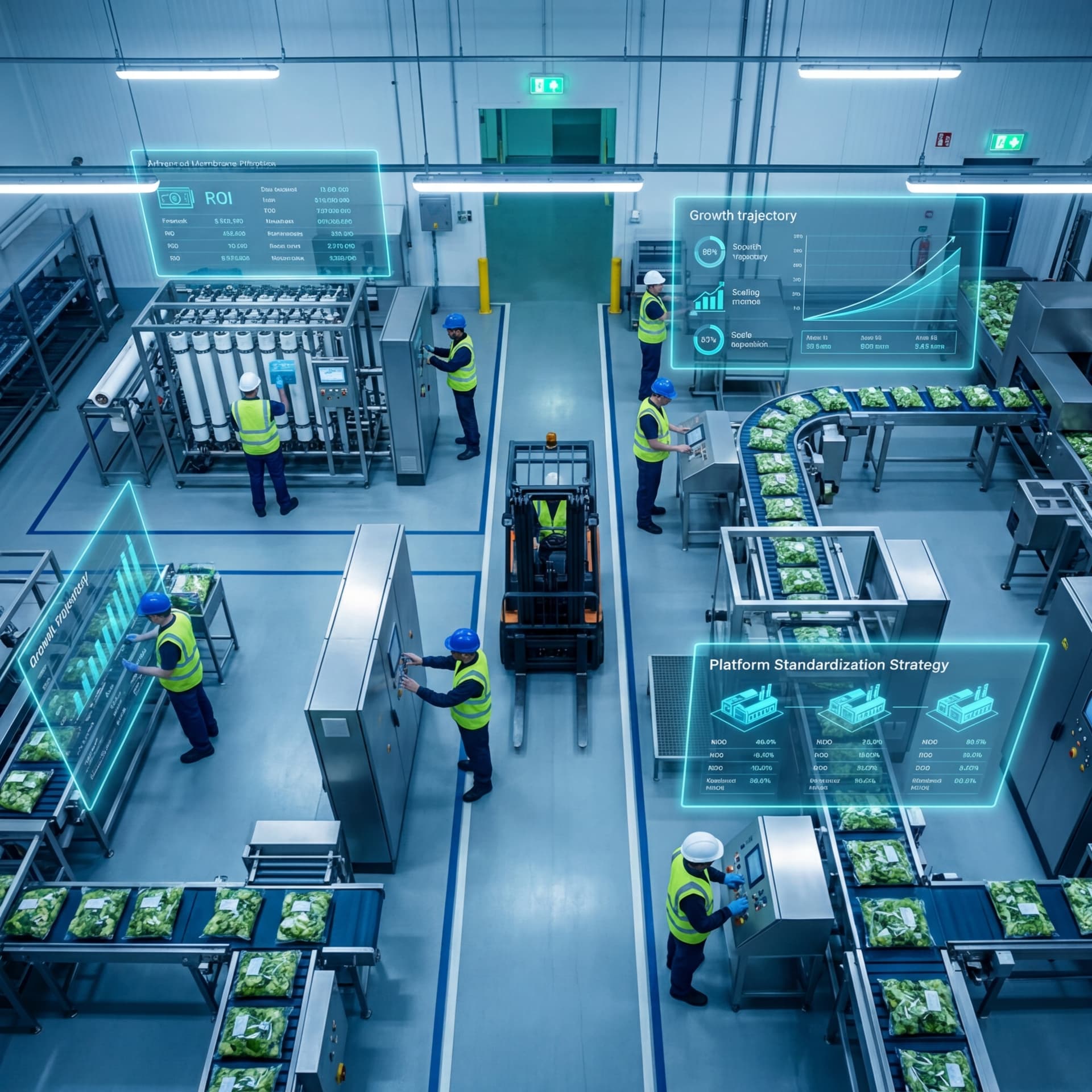 Aerial view of a food manufacturing facility with workers, forklifts, and digital platform analytics overlays
