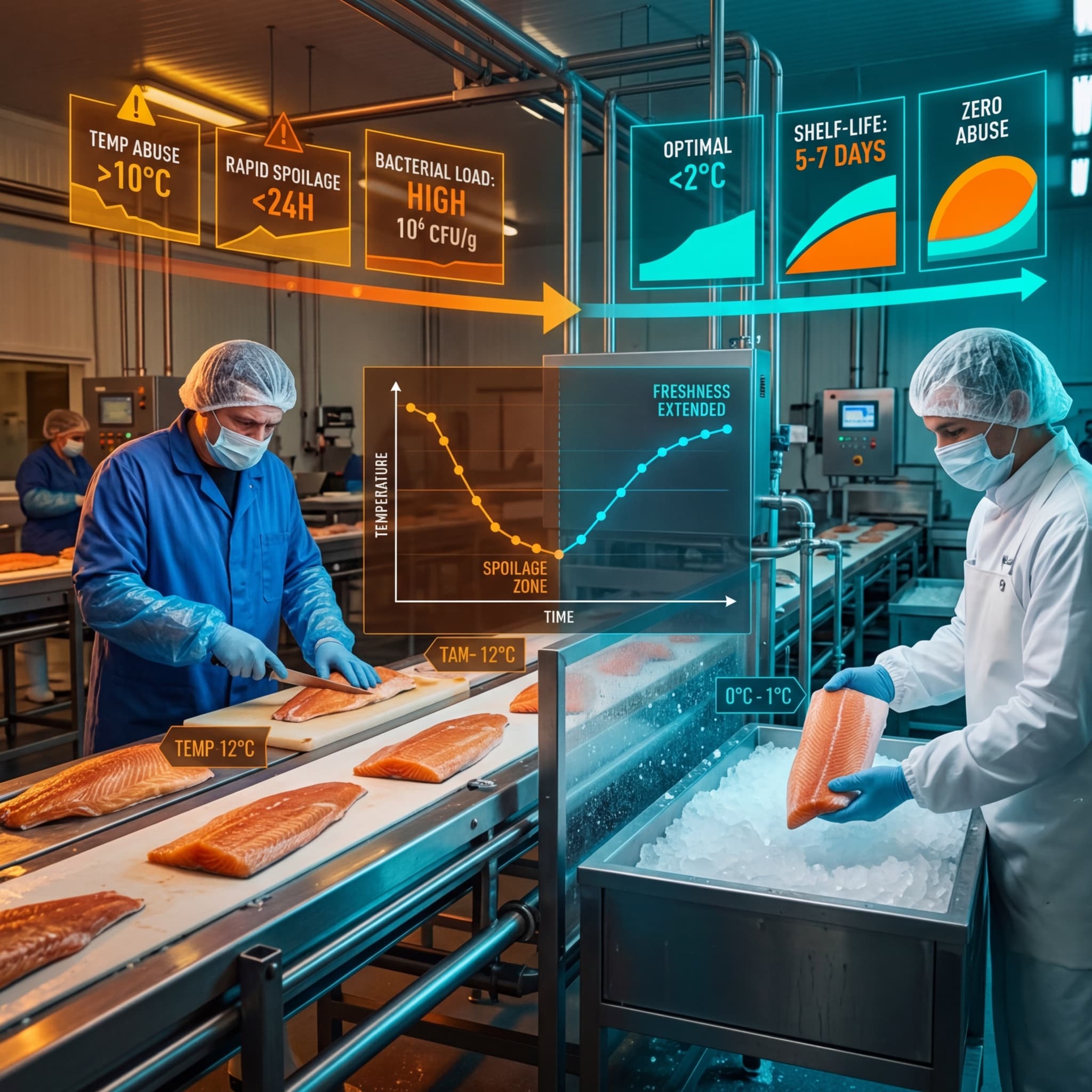 Seafood processing workers filleting salmon with temperature monitoring displays showing cold chain management and shelf-life extension data