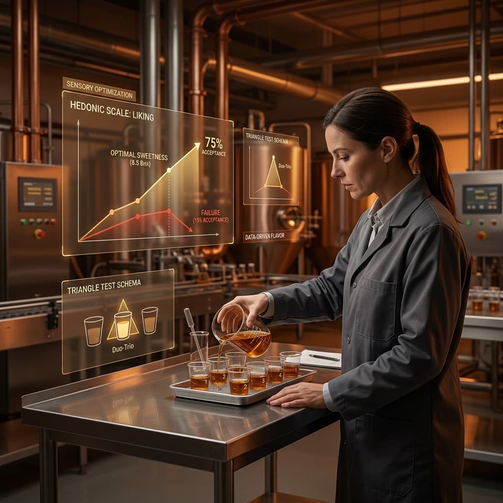 Sensory scientist conducting a consumer preference test with beverage samples on a tray while reviewing hedonic scale scoring data on a holographic display in a food lab