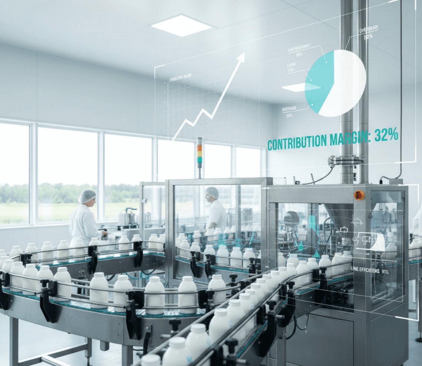 Dairy bottling production line with overlay showing contribution margin analysis at 32% and line efficiency metrics