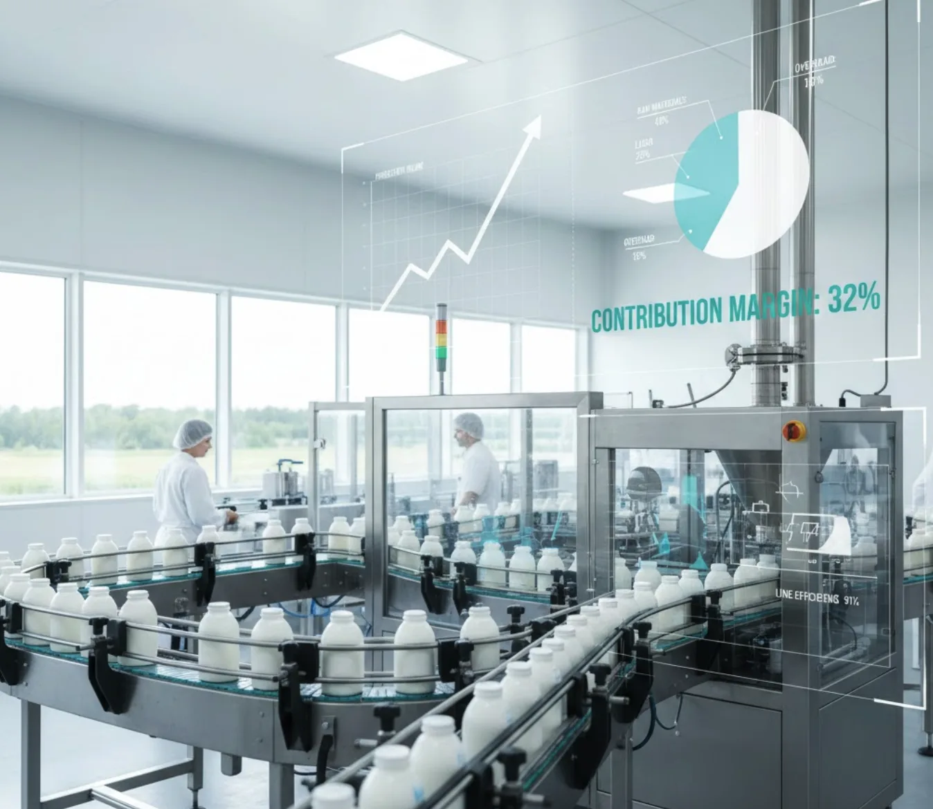Dairy bottling production line with overlay showing contribution margin analysis at 32% and line efficiency metrics