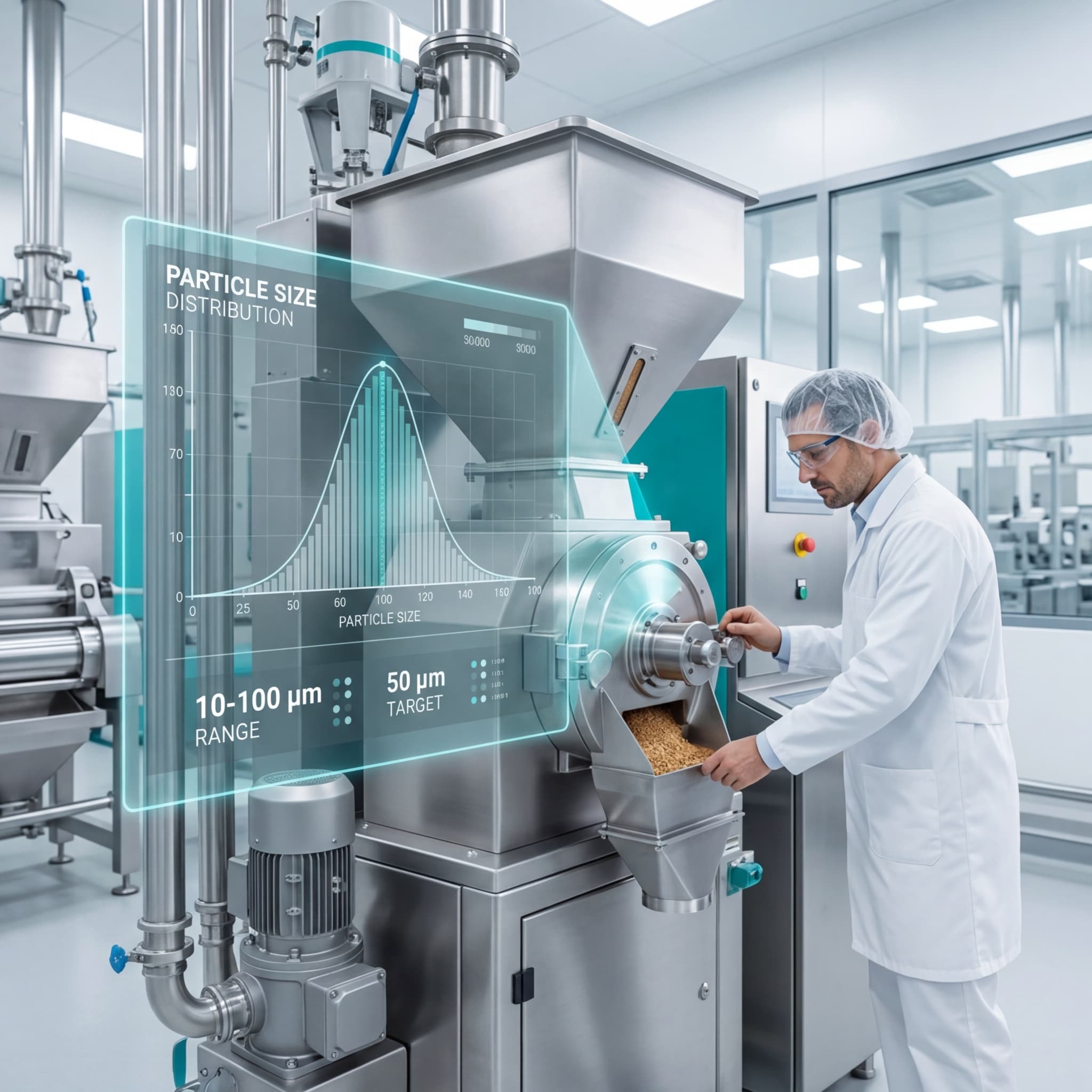 Food scientist in white lab coat operating an industrial grinding mill with holographic particle size distribution curve overlay in a clean processing facility