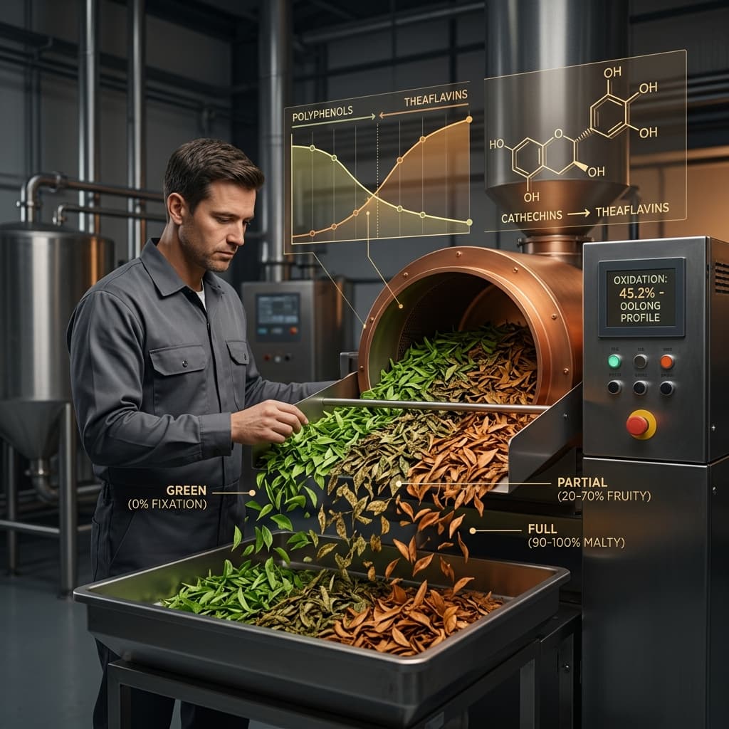 Tea processor monitoring oxidation levels of tea leaves in various stages from green to fully oxidized black tea with chemical compound data and temperature controls displayed