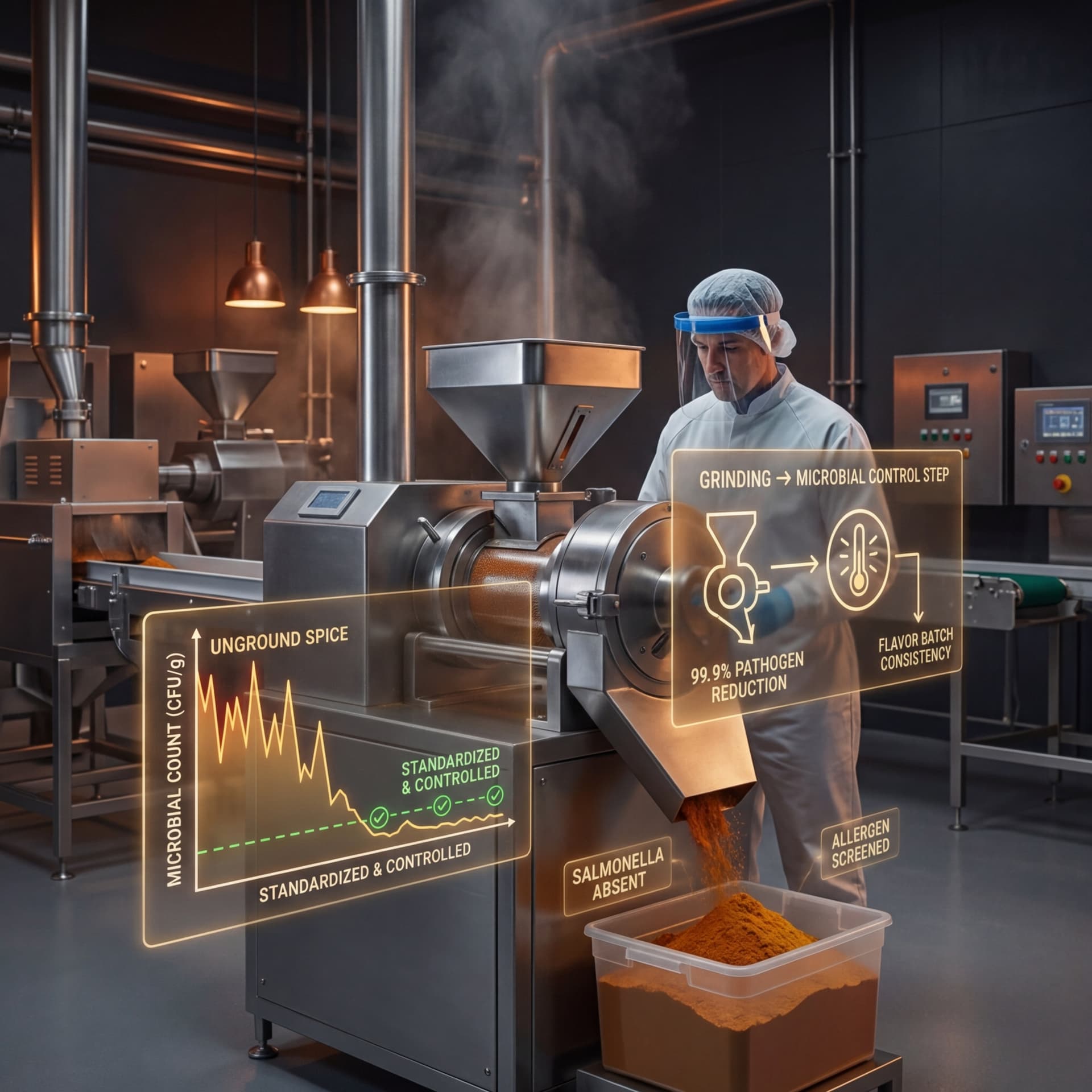 Spice processing technician operating a grinding mill with microbial count monitoring and flavor batch consistency displays in a food manufacturing facility