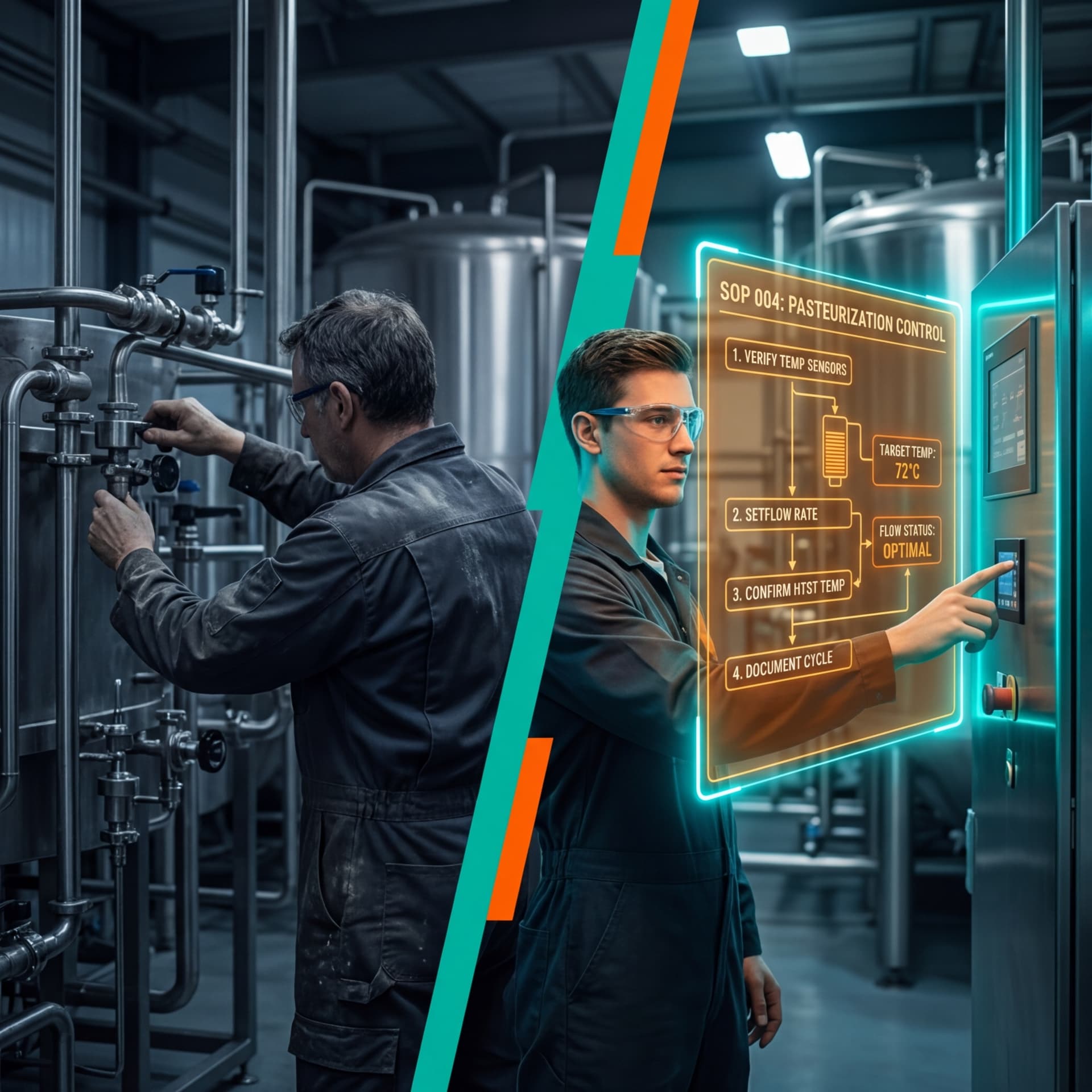 Split view comparing tribal knowledge operator with new worker following digital SOP for pasteurization control