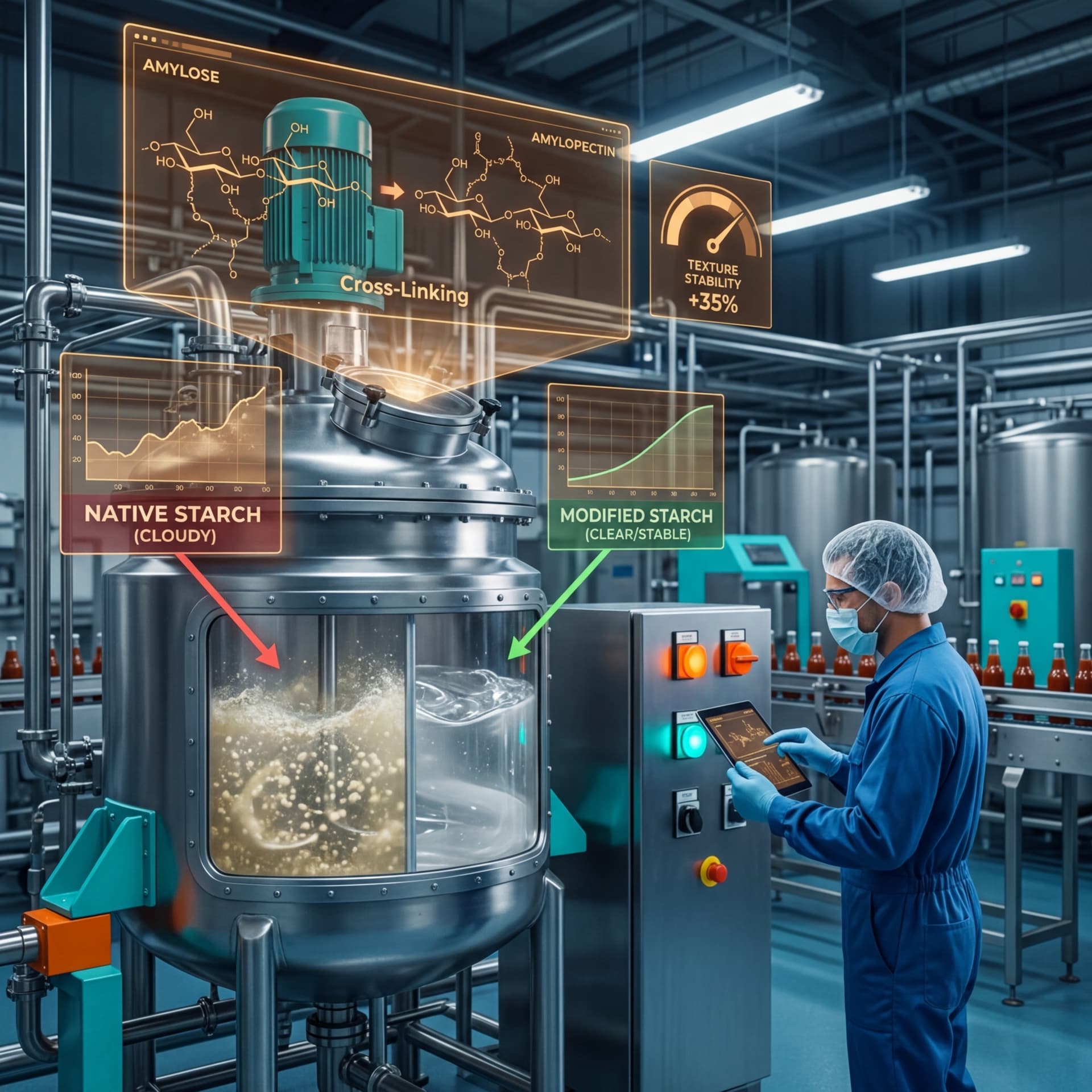 Food manufacturing technician monitoring starch cross-linking process in a mixing vessel with native vs modified starch comparison displays on a sauce production line