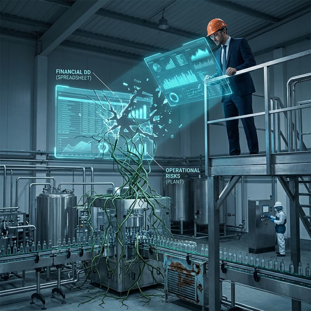 Engineer on a food manufacturing catwalk reviewing holographic financial data overlaid on production equipment — representing technical due diligence leading the deal process