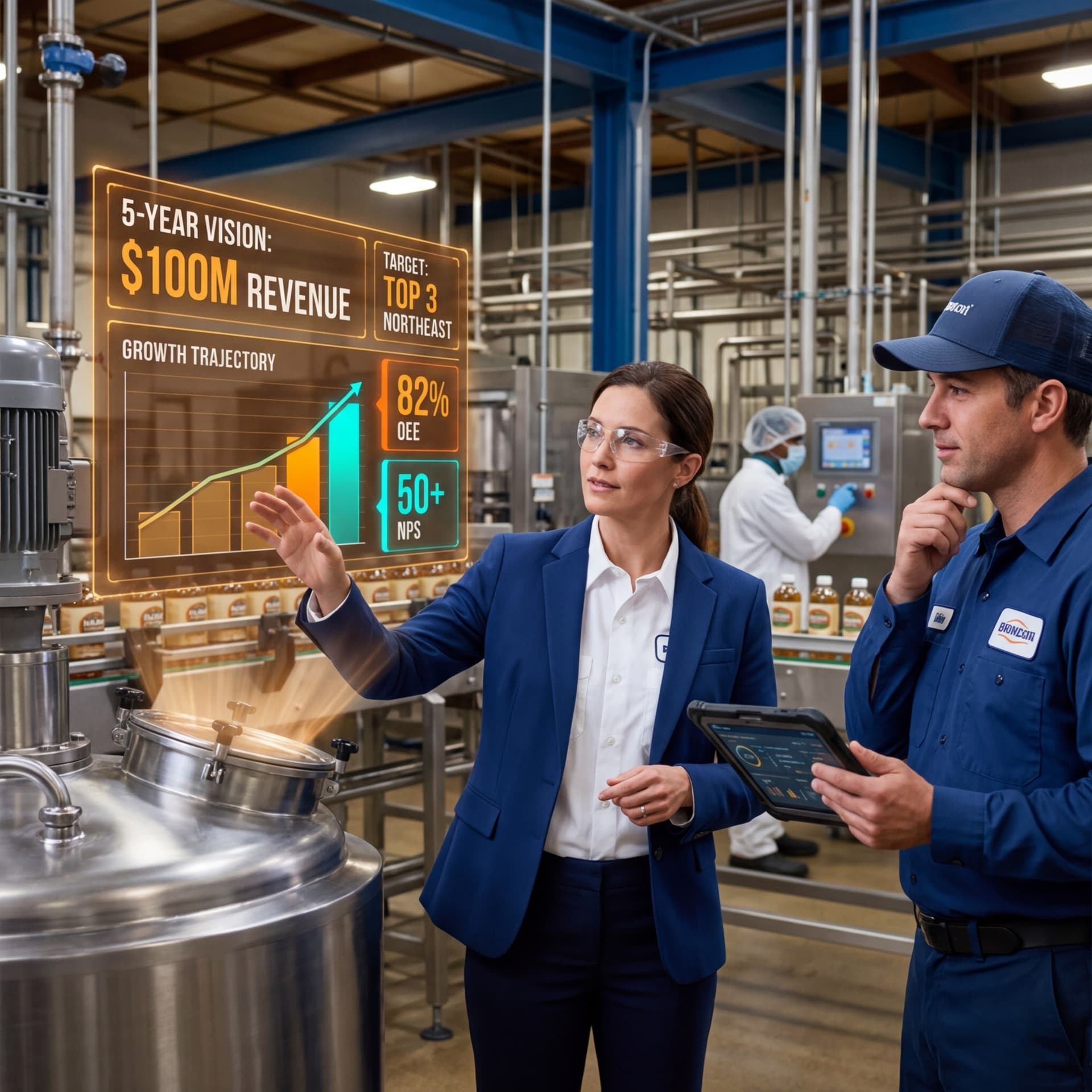 Plant leadership reviewing 5-year growth vision and strategic target displays on a food production floor
