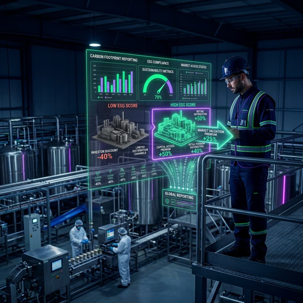 Engineer reviewing a large holographic carbon footprint reporting dashboard with ESG compliance gauges and facility 3D model in a food manufacturing plant