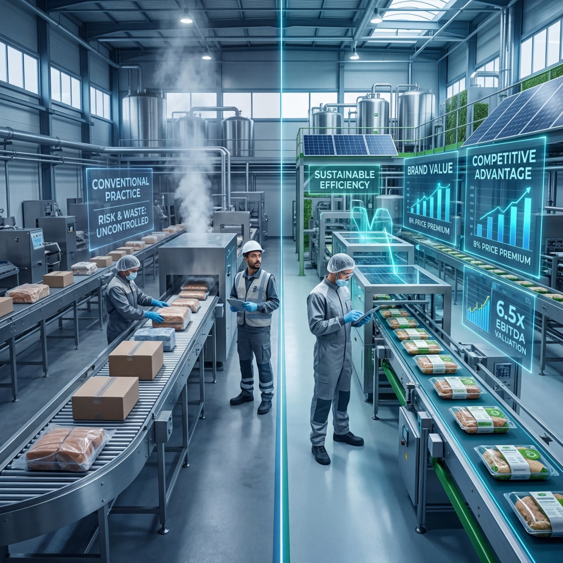 Split view of conventional and sustainable food manufacturing with efficiency and competitive advantage displays