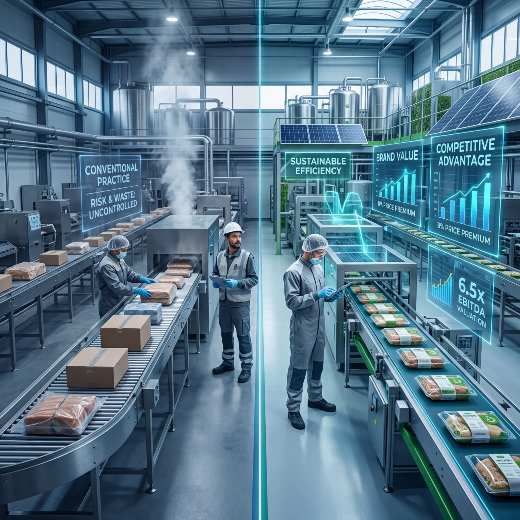 Split view of conventional and sustainable food manufacturing with efficiency and competitive advantage displays