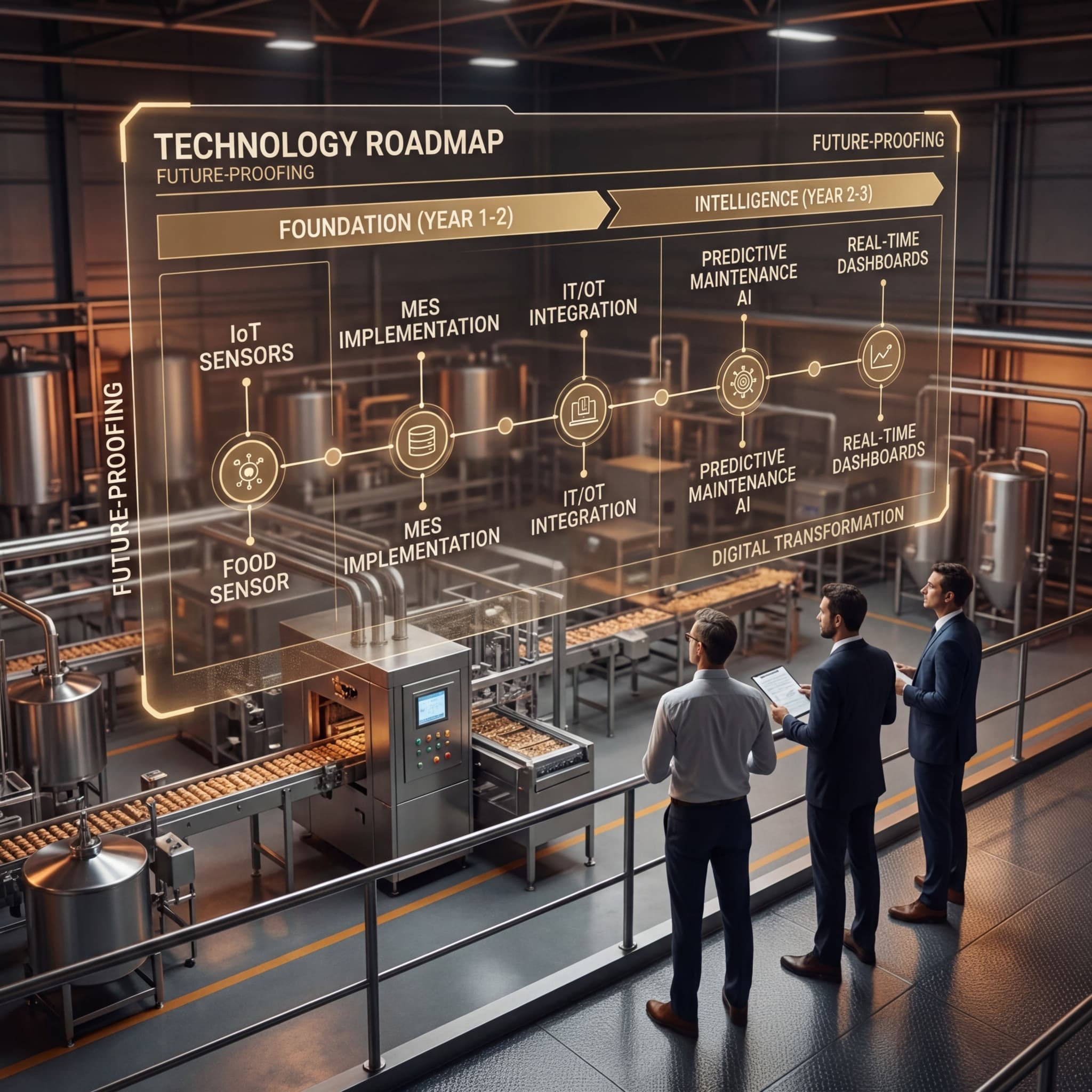 Three professionals viewing a digital transformation technology roadmap in a food manufacturing facility